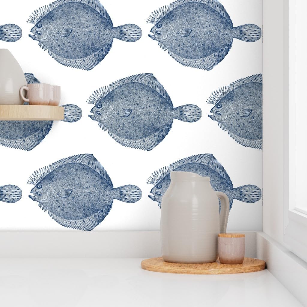 Spoonflower Papel tapiz extraíble de 12 x 2 pies – Ilustración vintage pez platija – Papel tapiz blanco y azul personalizado prepegado
