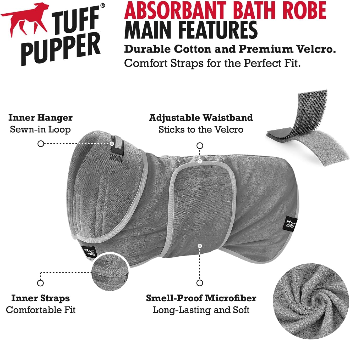 Tuff Pupper Bata de baño para perro de secado rápido, toalla de felpa de 800 GSM, bata de baño súper absorbente para mascotas y cachorros, capucha