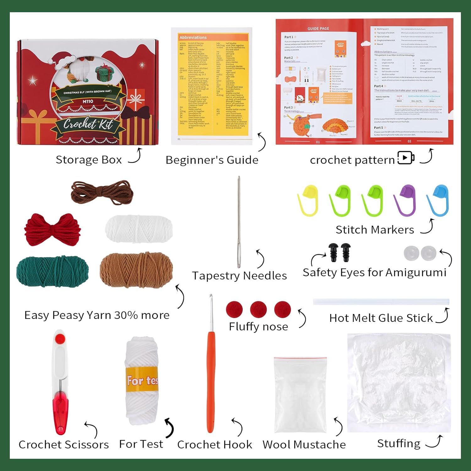 WILSHIN Kit de ganchillo – Juego completo de ganchillo de elementos navideños – Kit de ganchillo todo incluido con videos tutoriales paso a paso