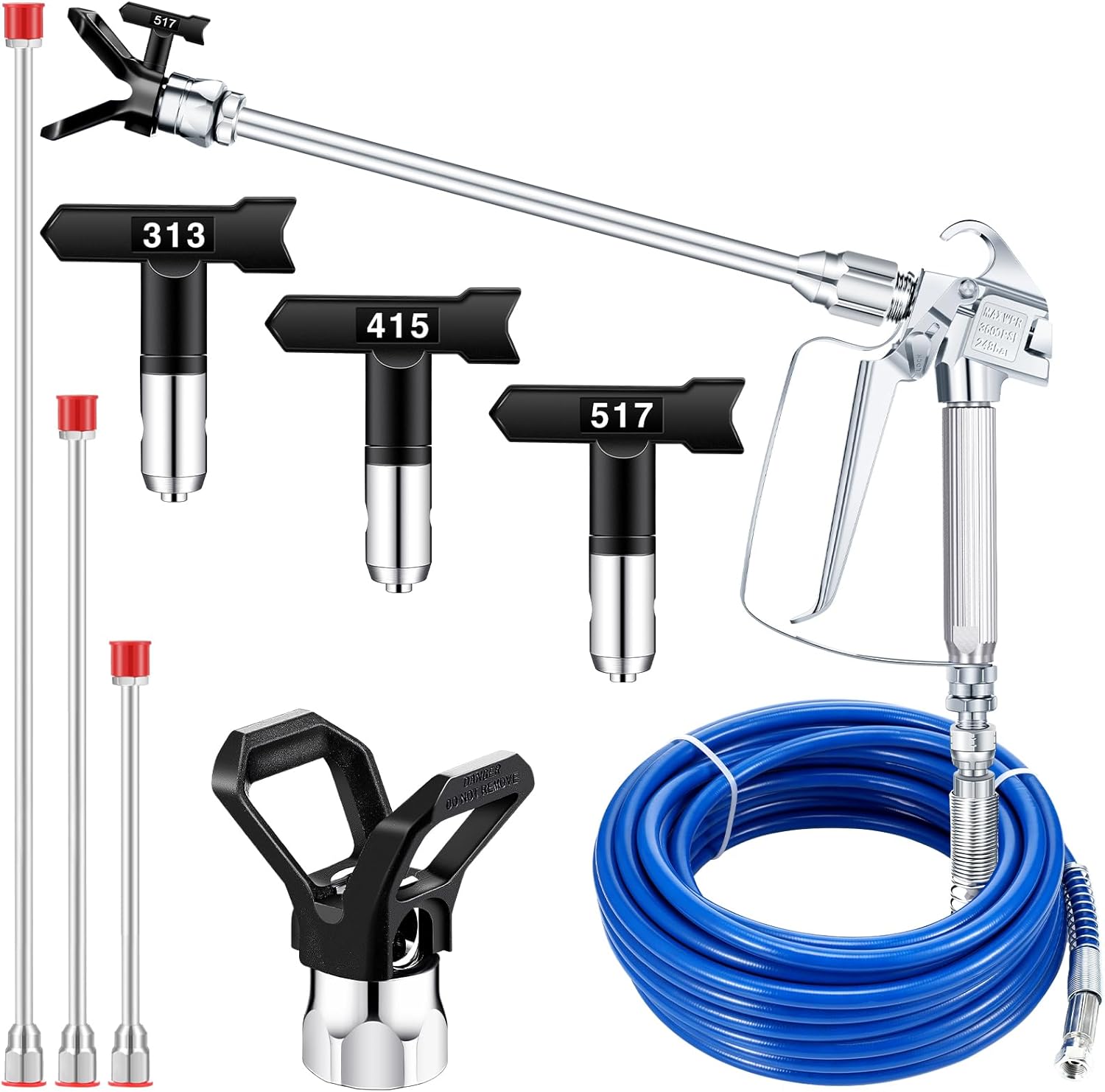 Kit de manguera de pistola pulverizadora sin aire de 9 piezas, tubo de fibra de alta presión de 50 pies, 3600 psi, con barra de extensión 313, 415,