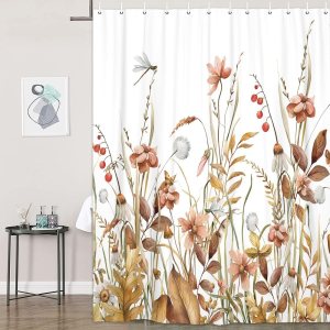 JAWO Cortina de ducha floral de otoño, cortinas de ducha vintage con flores silvestres, libélula botánica sobre fondo blanco, tela de poliéster JAWO Cortina de ducha floral de otoño, cortinas de ducha vintage con flores silvestres, libélula botánica sobre fondo blanco, tela de poliéster