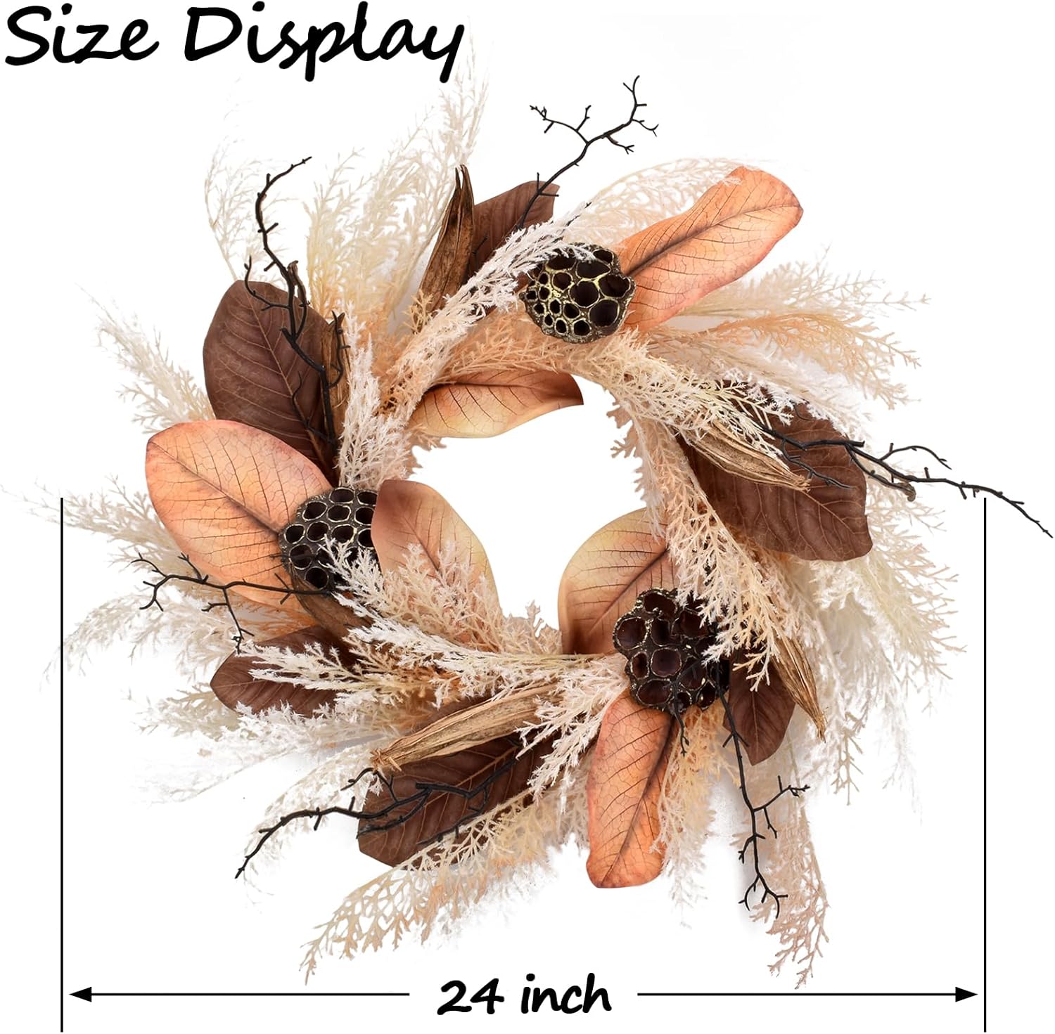 Coronas de otoño de 24 pulgadas con LED para decoración exterior de puerta delantera, pasto de plástico, hojas de magnolia, okra, vainas de loto,