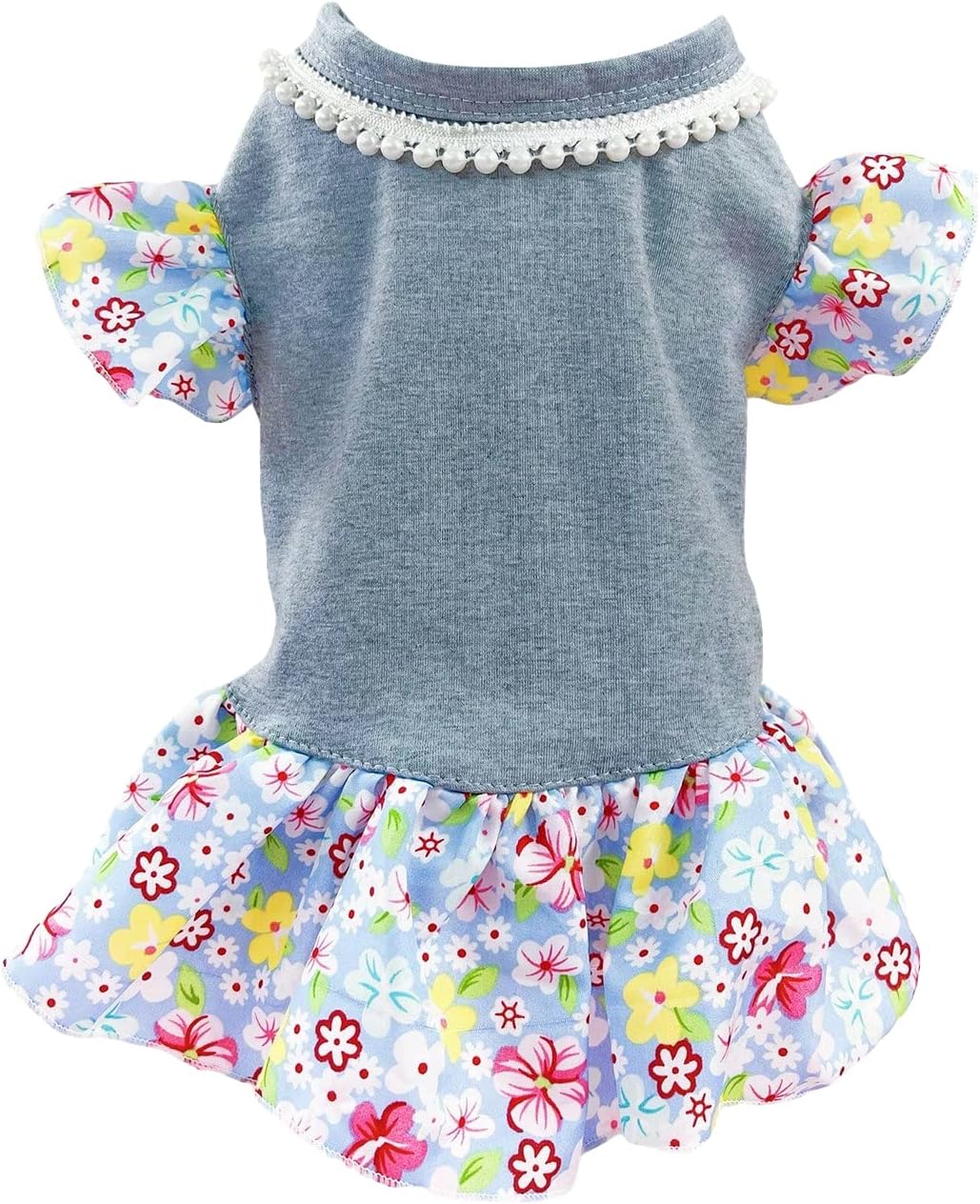 QWINEE Vestido de princesa para perro, gato, estampado floral, decoración de perlas, camisa para cachorro, falda, tutú, fiesta de verano,