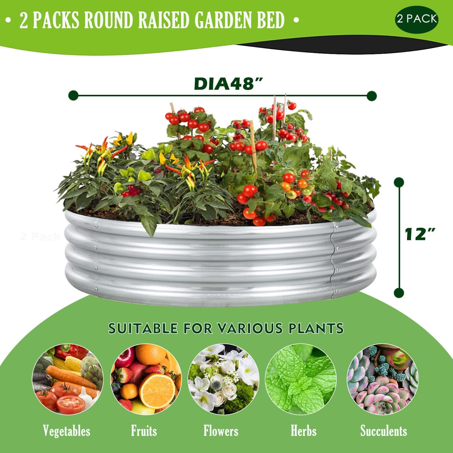 SUFUS Kit de cama de jardín redonda de acero galvanizado elevado, macetas de metal de 4 pies, cajas de jardín para exteriores con bordes de