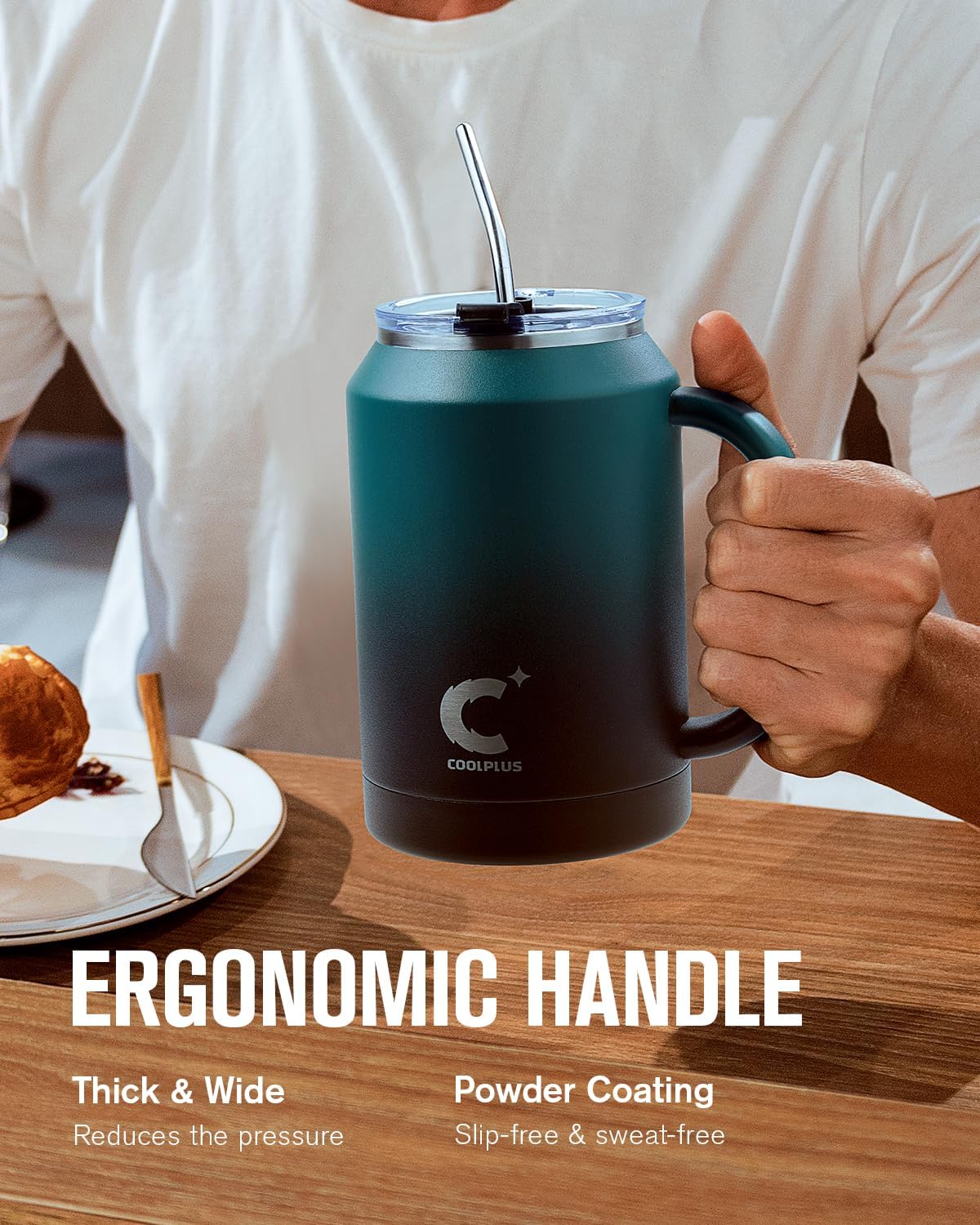 Coolplus Vaso de 32 onzas con asa y pajilla, taza de café de acero inoxidable con aislamiento de viaje con tapa 2 en 1, doble pared de metal que