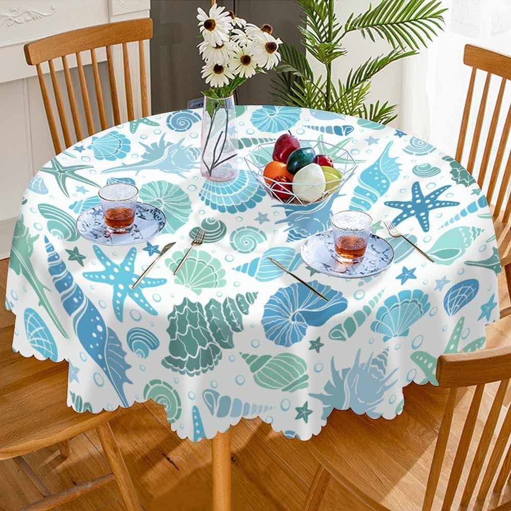 AOYEGO Mantel redondo de verano con diseño de estrellas y conchas marinas, conchas y estrellas de mar y conchas azules, 60 pulgadas para comedor,