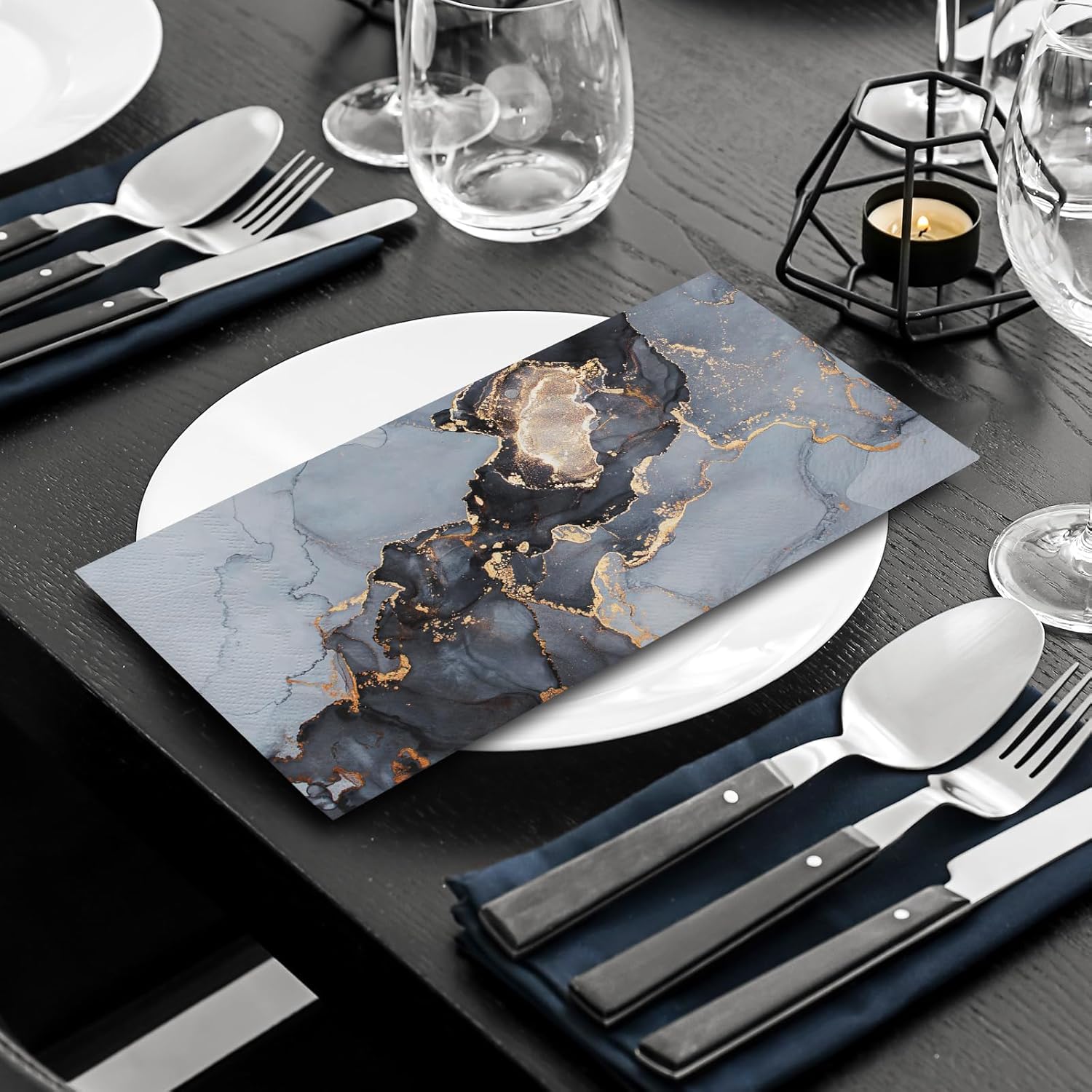 AnyDesign Paquete de 100 servilletas de mármol de 3 capas desechables de papel elegante azul dorado marmoleado para fiesta, servilletas de mano de