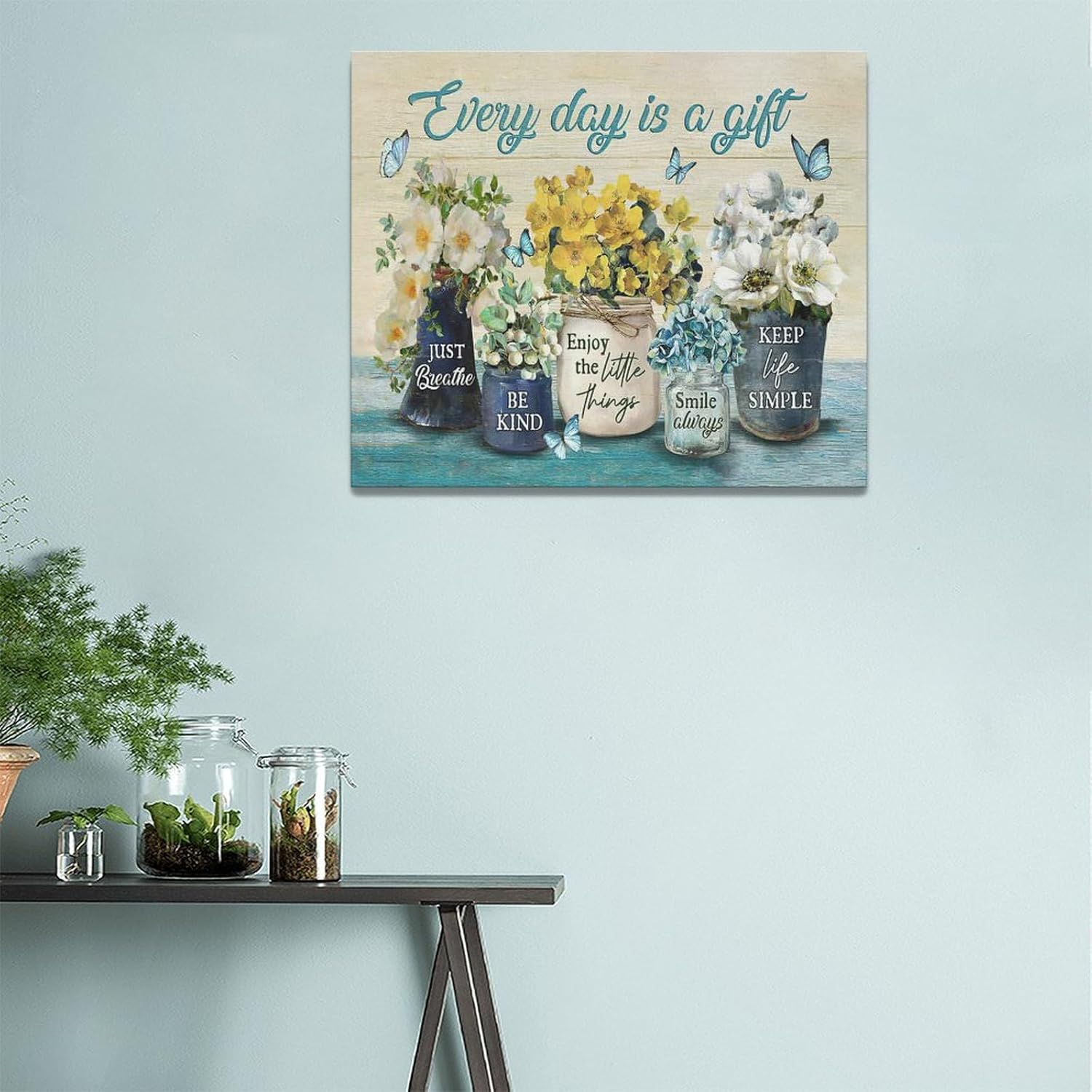 Decoración de pared con diseño de flores de granja para baño, arte de pared Every Day Is A Gift con diseño de mariposas amarillas, imágenes