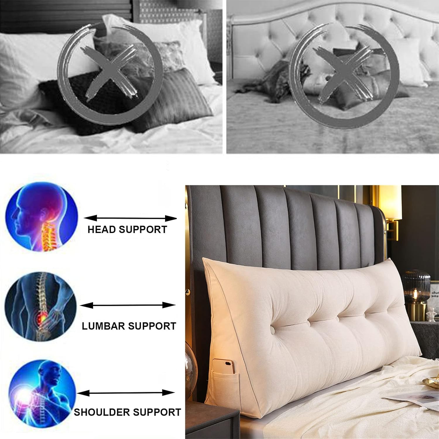 Almohada triangular grande de cuña de lectura, cabecera de dormitorio, respaldo de cama, soporte de posicionamiento, cojín de descanso de cama con