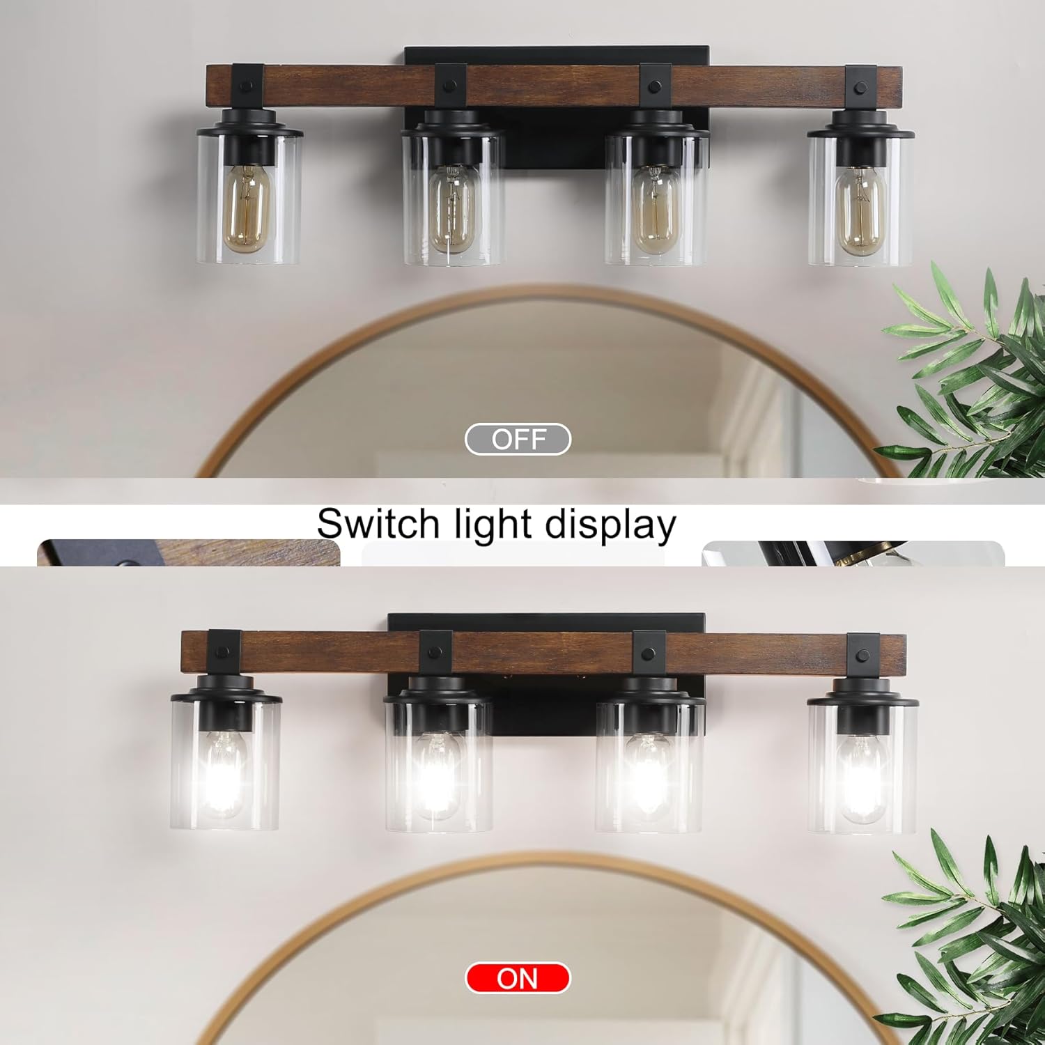 DIKAIDA DAKAIDA – Luces de tocador de baño de 4 luces, luces de tocador de madera para baño, con pantalla de vidrio transparente, apliques de metal