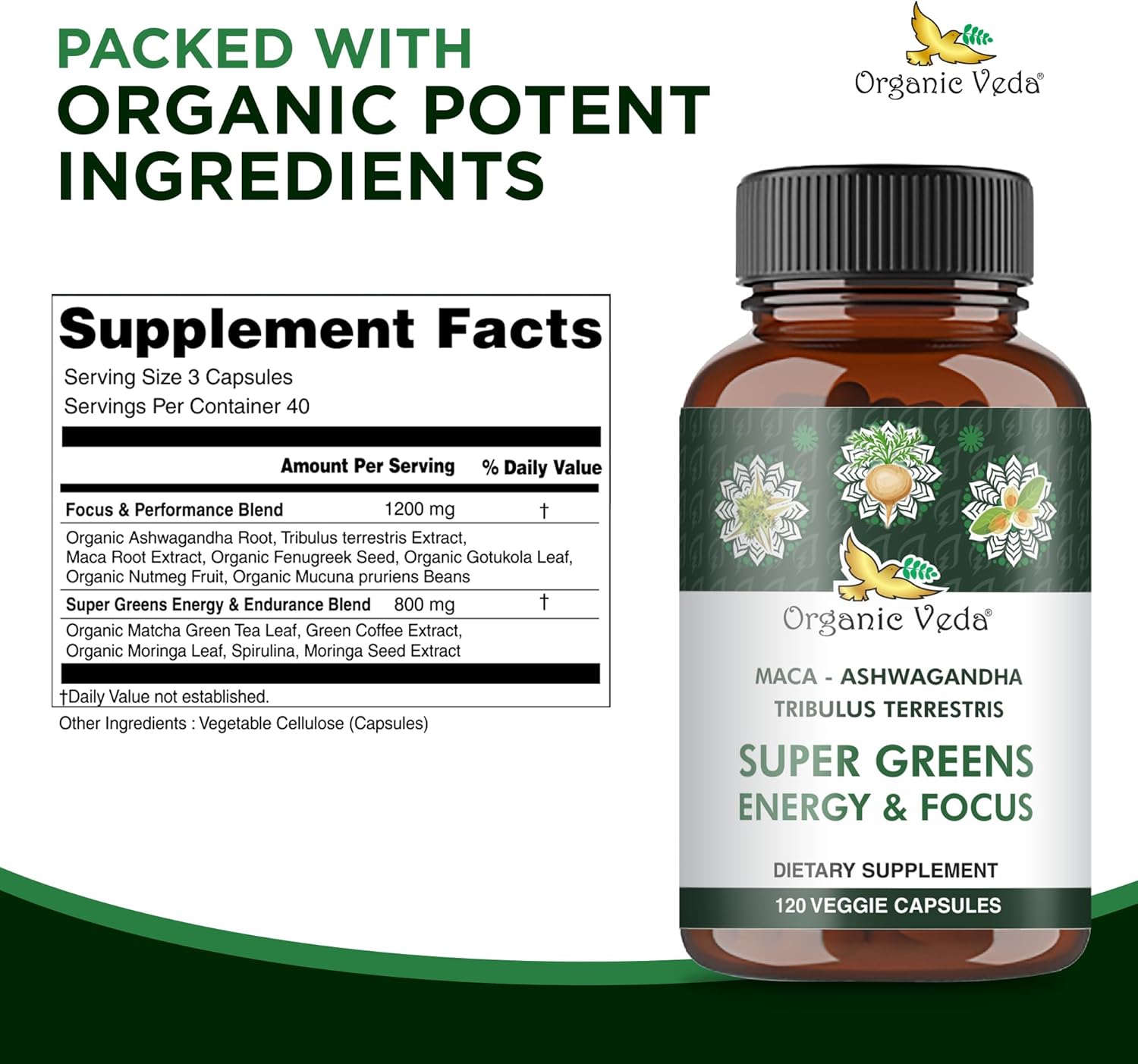 Organic Veda Ashwagandha – Cápsulas de raíz de maca para hombres  Super Greens Energy and Focus with Tribulus Terrestris, fenogreco  Potenciador de