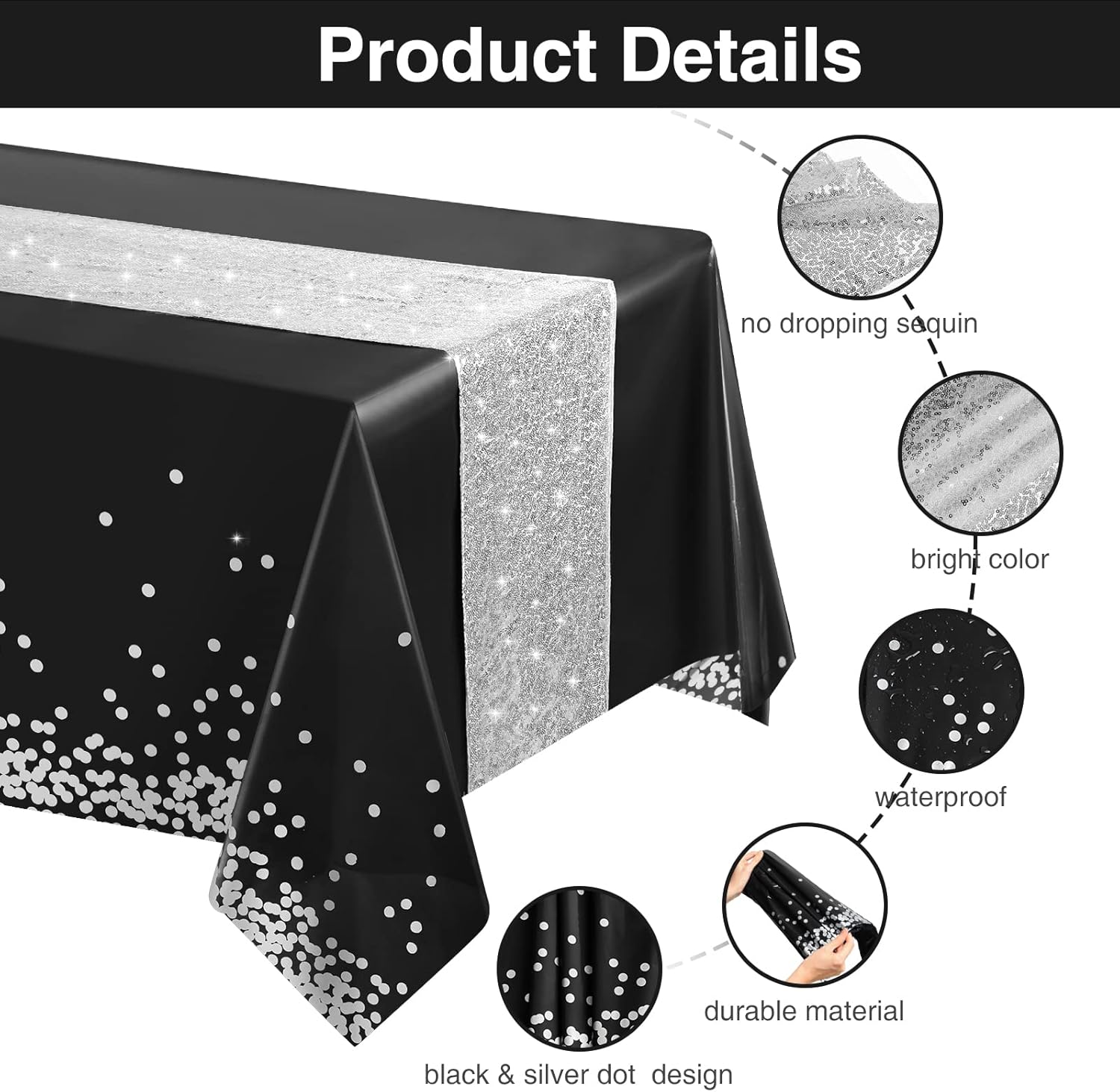 Juego de 4 manteles y camino de mesa de lentejuelas, funda rectangular de confeti de lunares para mesa de comedor, decoración de mesa de plástico