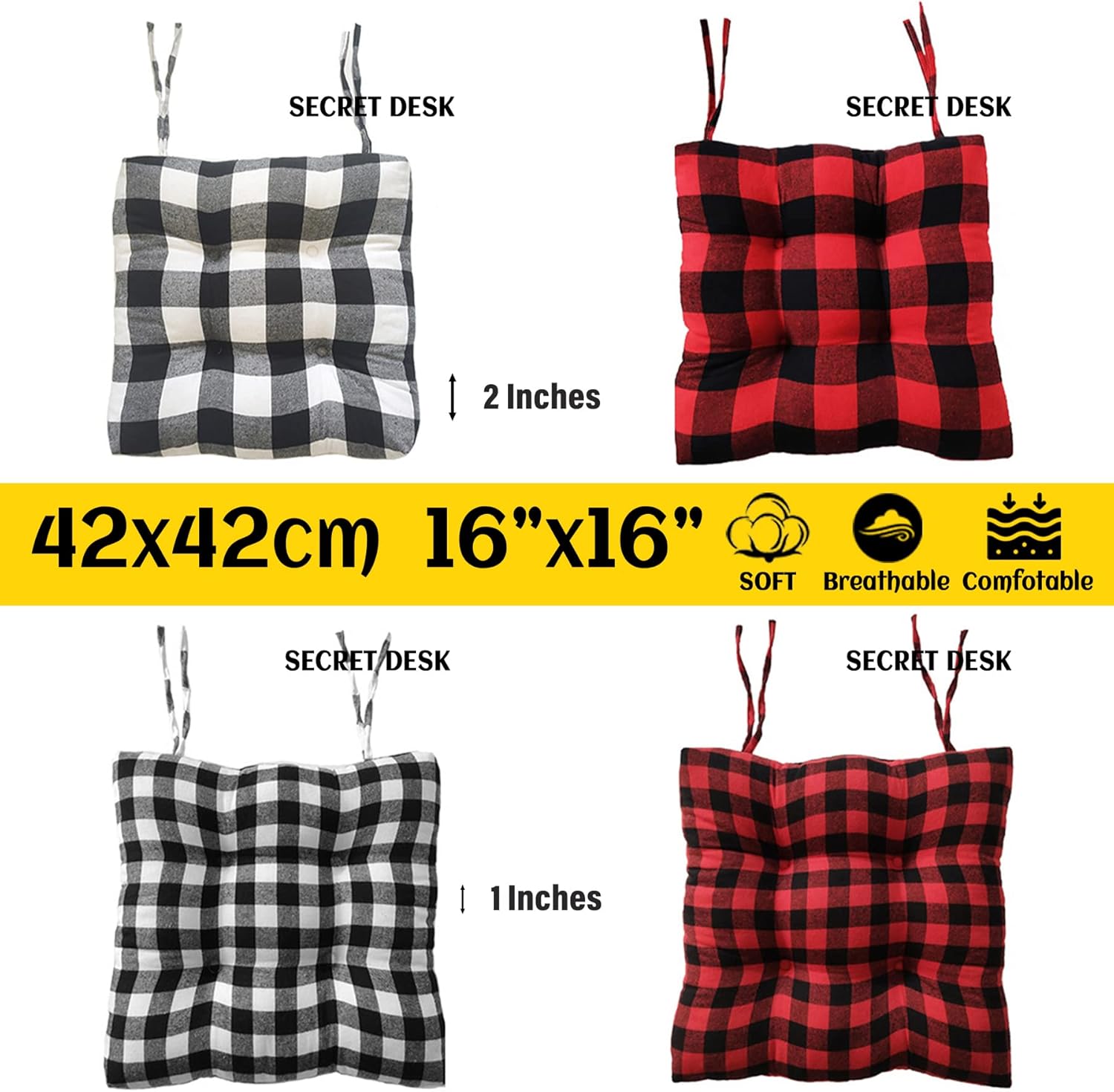 Cojines para sillas de comedor, paquete de 4, almohada a cuadros de búfalo, juego de 4, cojines de silla de comedor para cocina, sofá, oficina,
