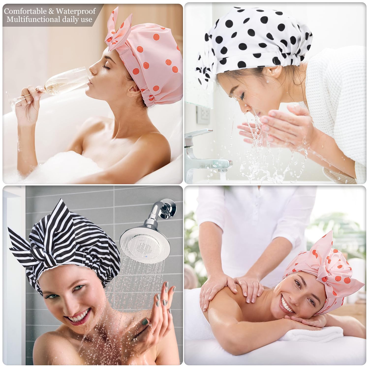 Luvruitaky Gorro de ducha de lujo para mujer, reutilizable, impermeable, para ducha, con moño ajustable, gorro de baño (rayas negras)