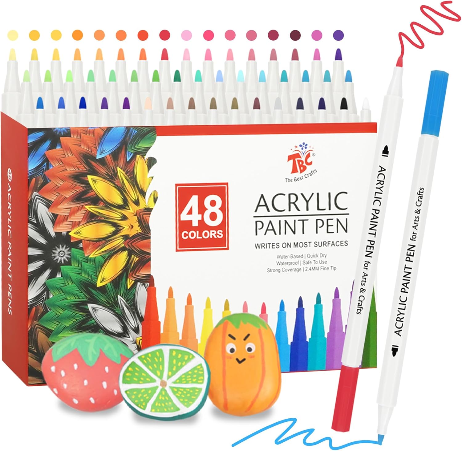 TBC The Best Crafts Bolígrafo de pintura acrílica, 48 colores, impermeable, no tóxico, inodoro, adecuado para papel, cerámica, piedras, mochilas,