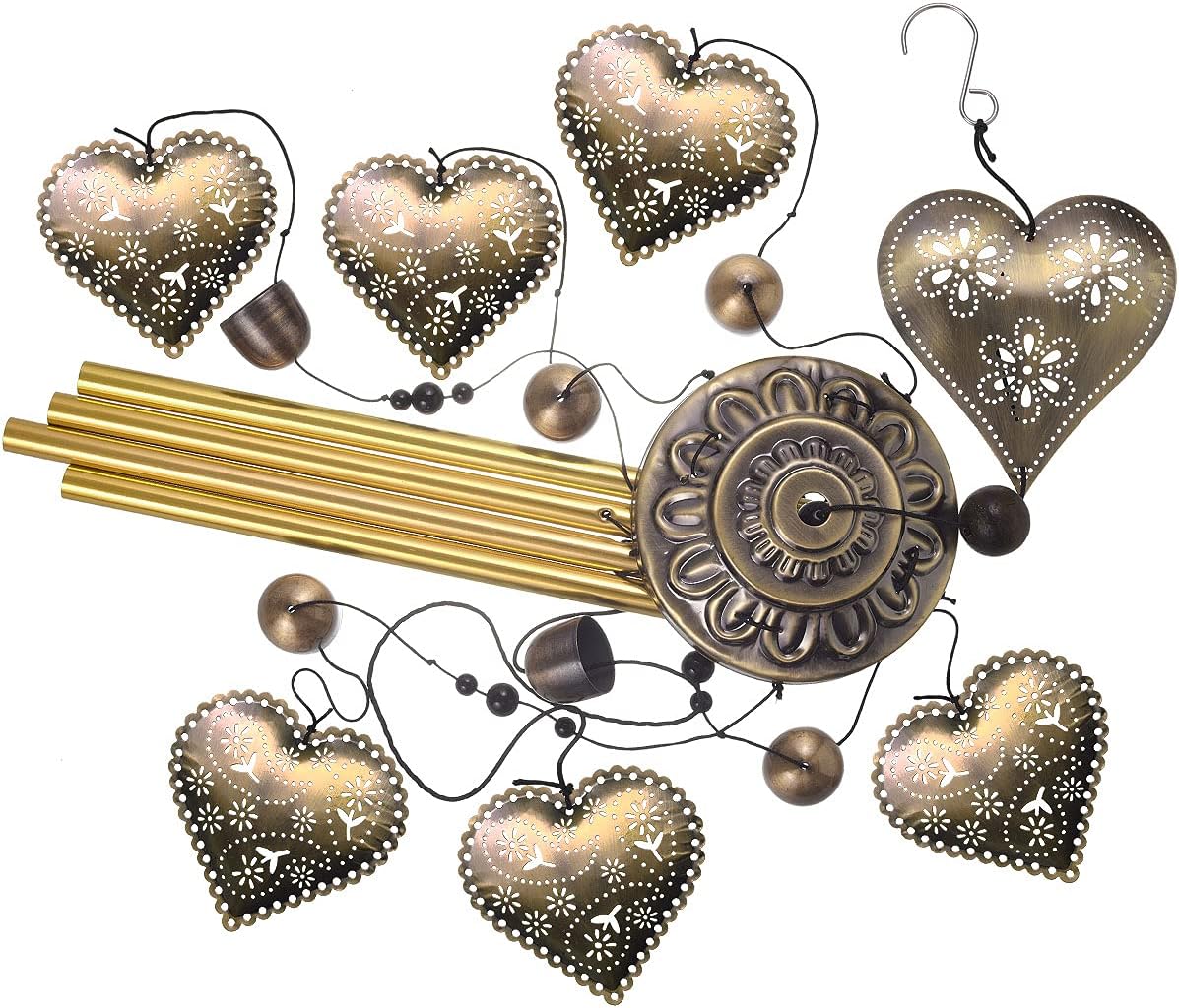 Campanillas de viento con forma de corazón para decoración interior y exterior, con 4 tubos, 6 campanas, 7 corazones, captador de viento romántico