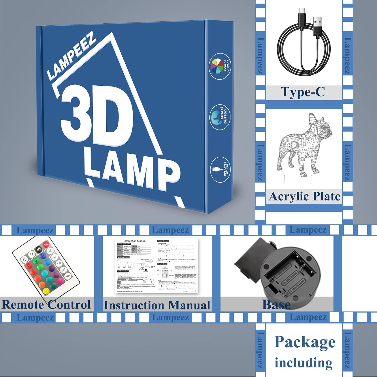 Lampeez Luz nocturna de bulldog francés 3D, lámpara de ilusión óptica de 16 colores cambiantes con control remoto para cumpleaños, Navidad, día de