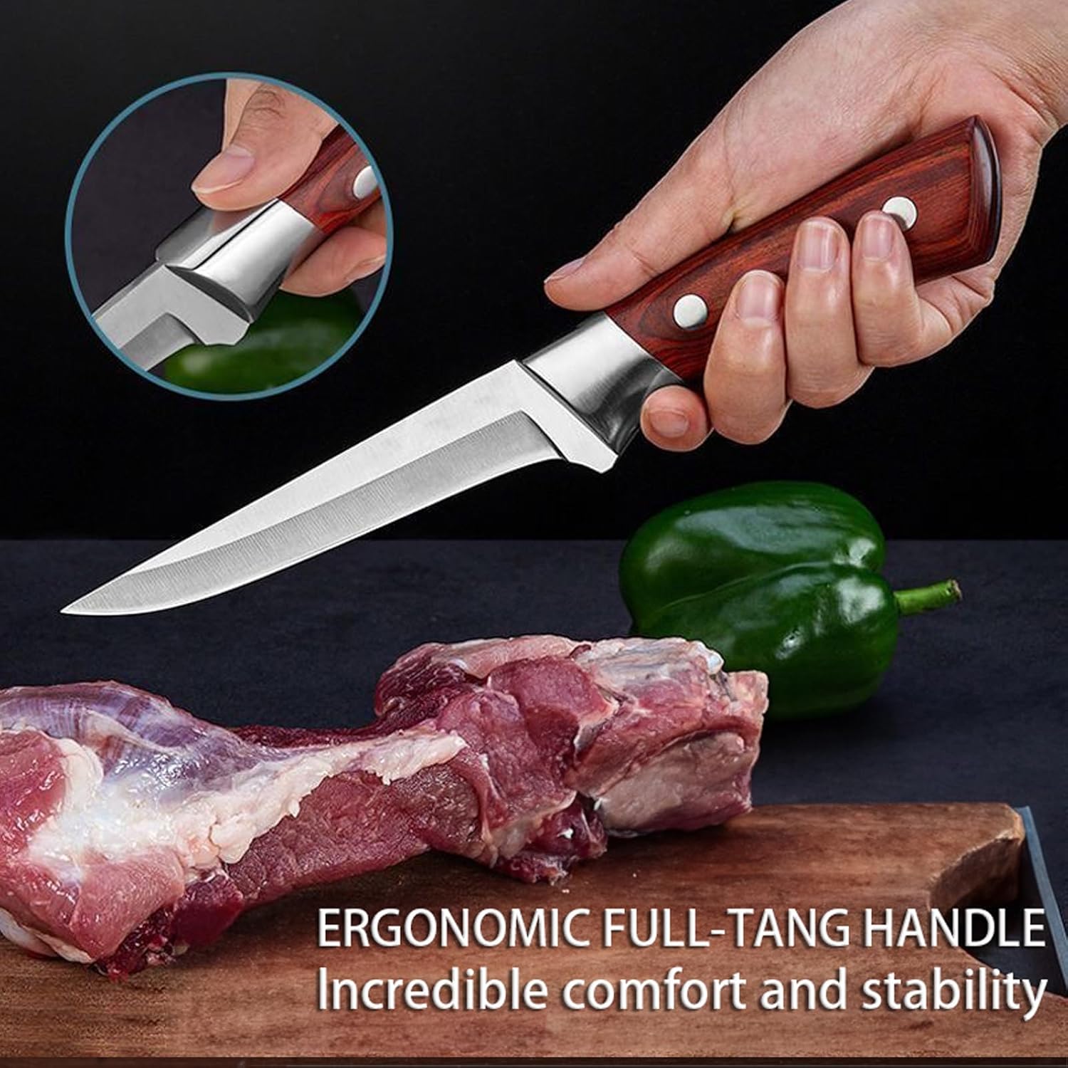Magicorange Cuchillo para deshuesar, cuchillo de cocina afilado de acero inoxidable de 5.7 pulgadas para carne, pescado, aves, espiga completa,