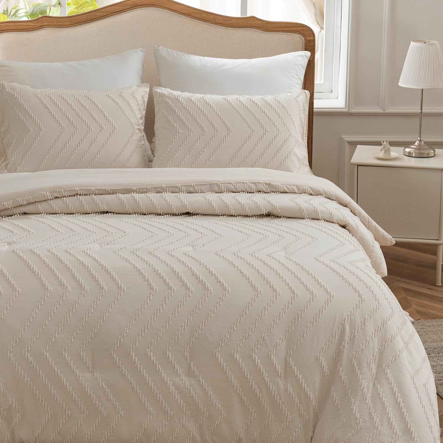 SLEEPBELLA Juego de edredón tamaño King, edredón de cama color crema, diseño capitoné vertical, juego de cama King ligero y esponjoso (tamaño King,
