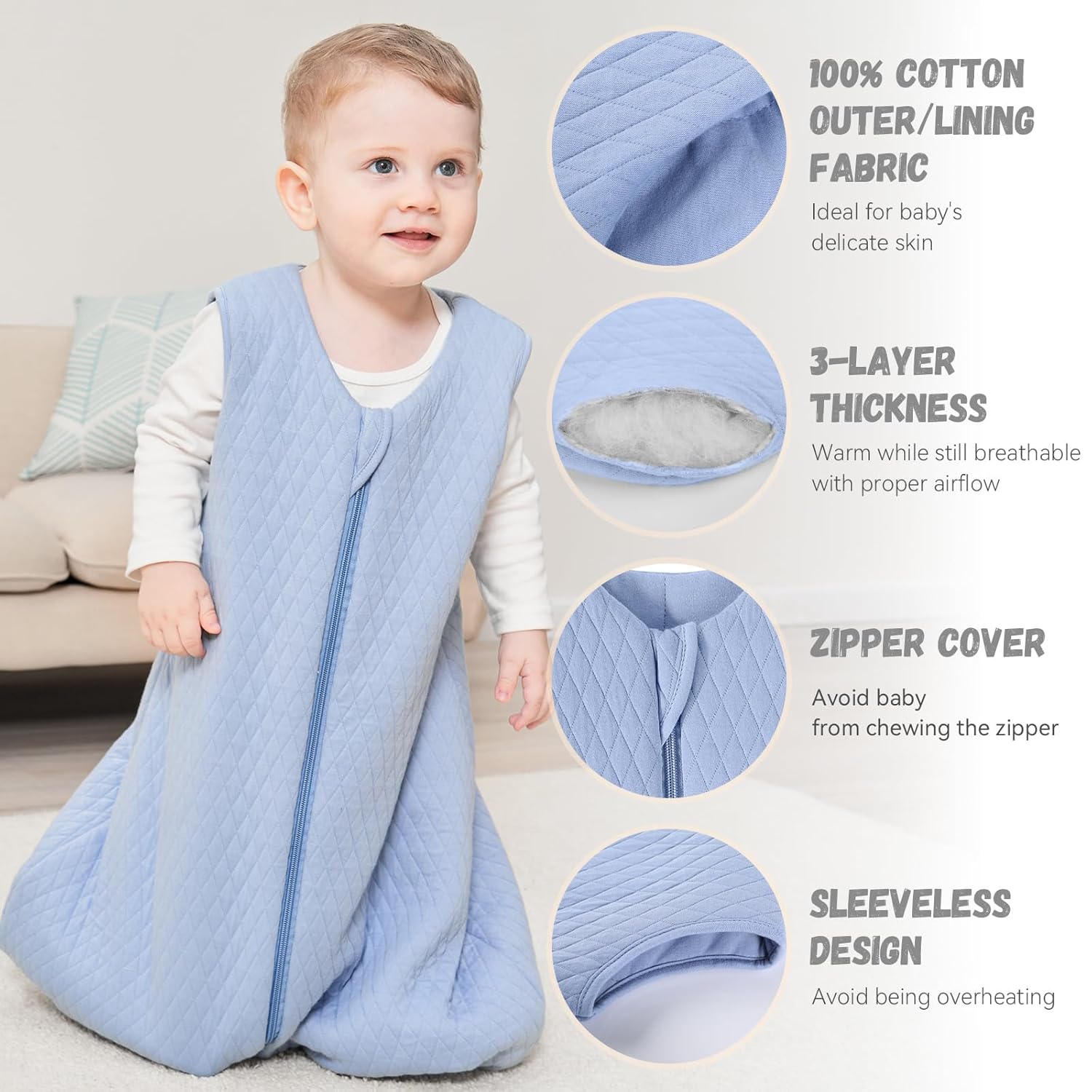 Yoofoss Saco de dormir para bebé de 6 a 12 meses, TOG 2.5, manta de invierno para bebé, 100% algodón, saco de dormir para niños pequeños, con