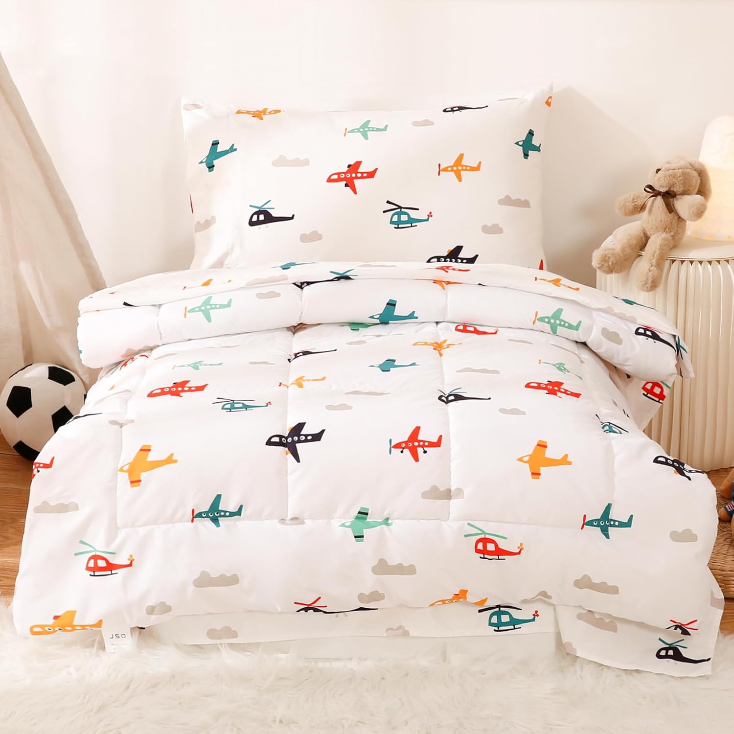 JSD Juego de ropa de cama de 4 piezas con diseño de avión para niños y niñas, incluye sábana encimera, sábana bajera, edredón acolchado y funda de
