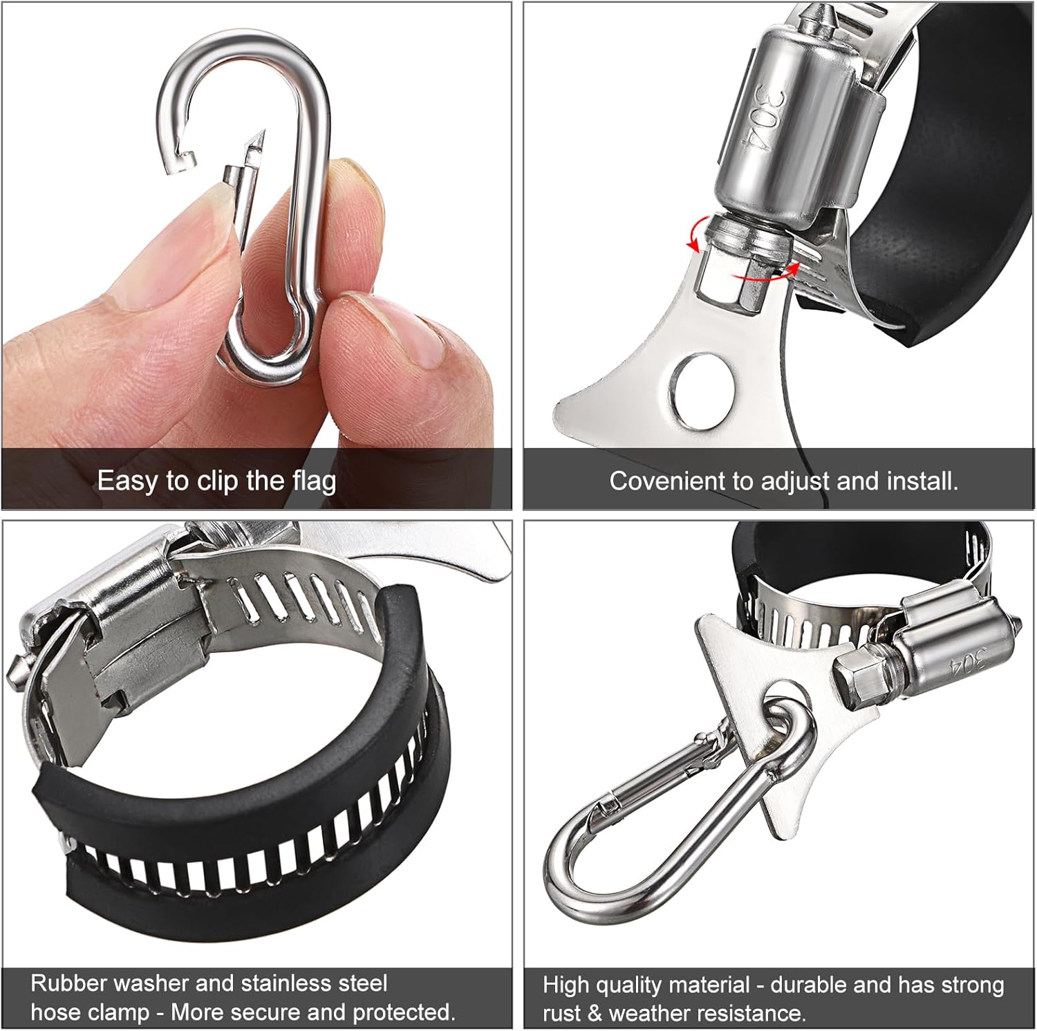 OwnMy Juego de 4 clips para asta de bandera con mosquetón, clips de bandera de barco, abrazaderas de metal para asta de bandera, anillos de asta de