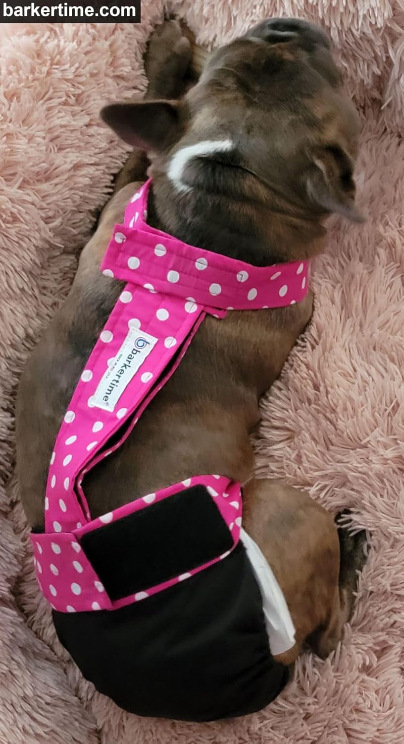 Pañal para perro de alta calidad, impermeable, a prueba de escapes, con lunares rosados sobre negro, talla M, sin agujero para la cola, fabricado en