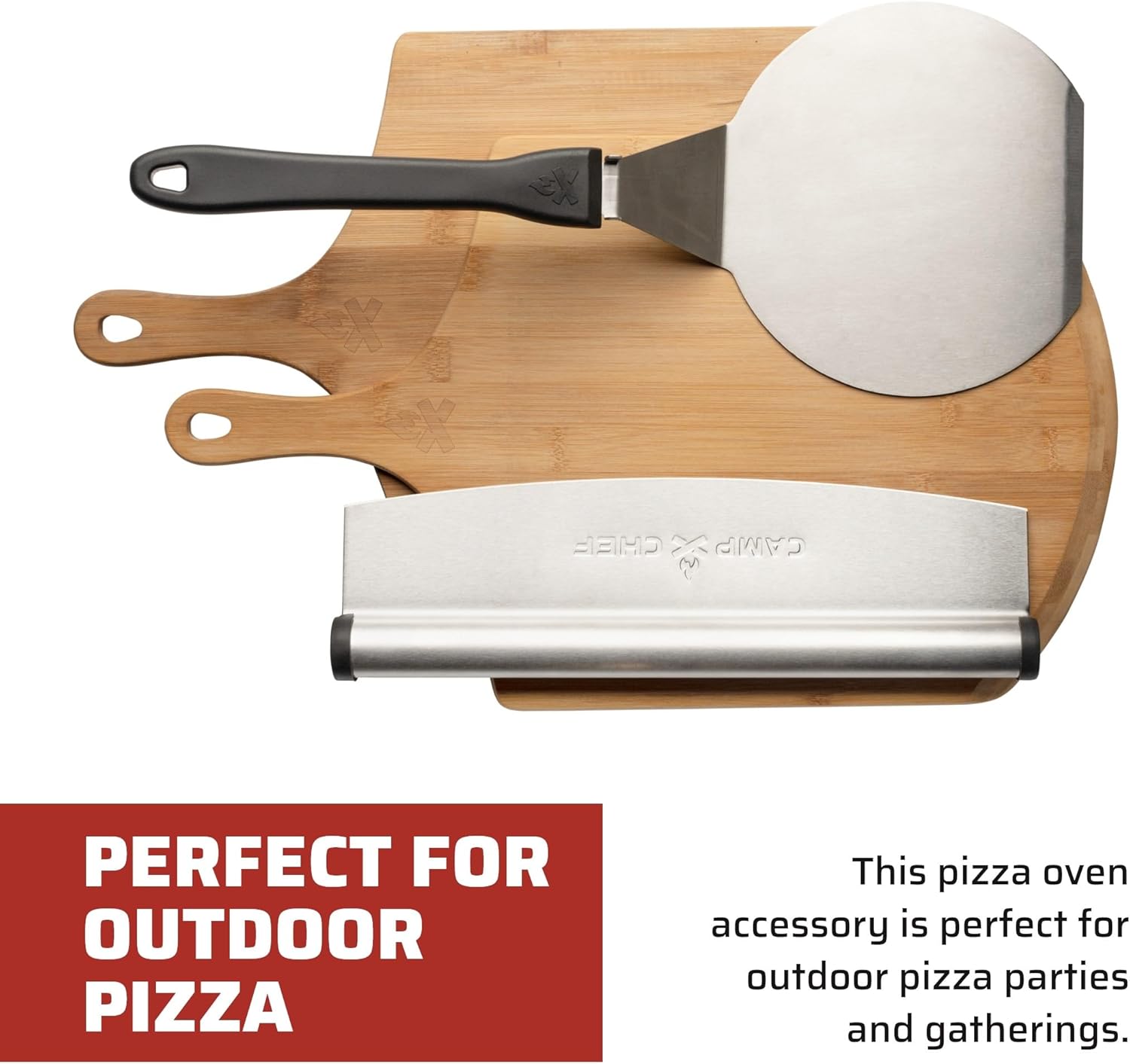 Camp Chef Kit de accesorios para pizza, incluye 2 cáscaras de pizza, 1 espátula de pizza y 1 cortador de pizza mecedora, kit de pizza premium para