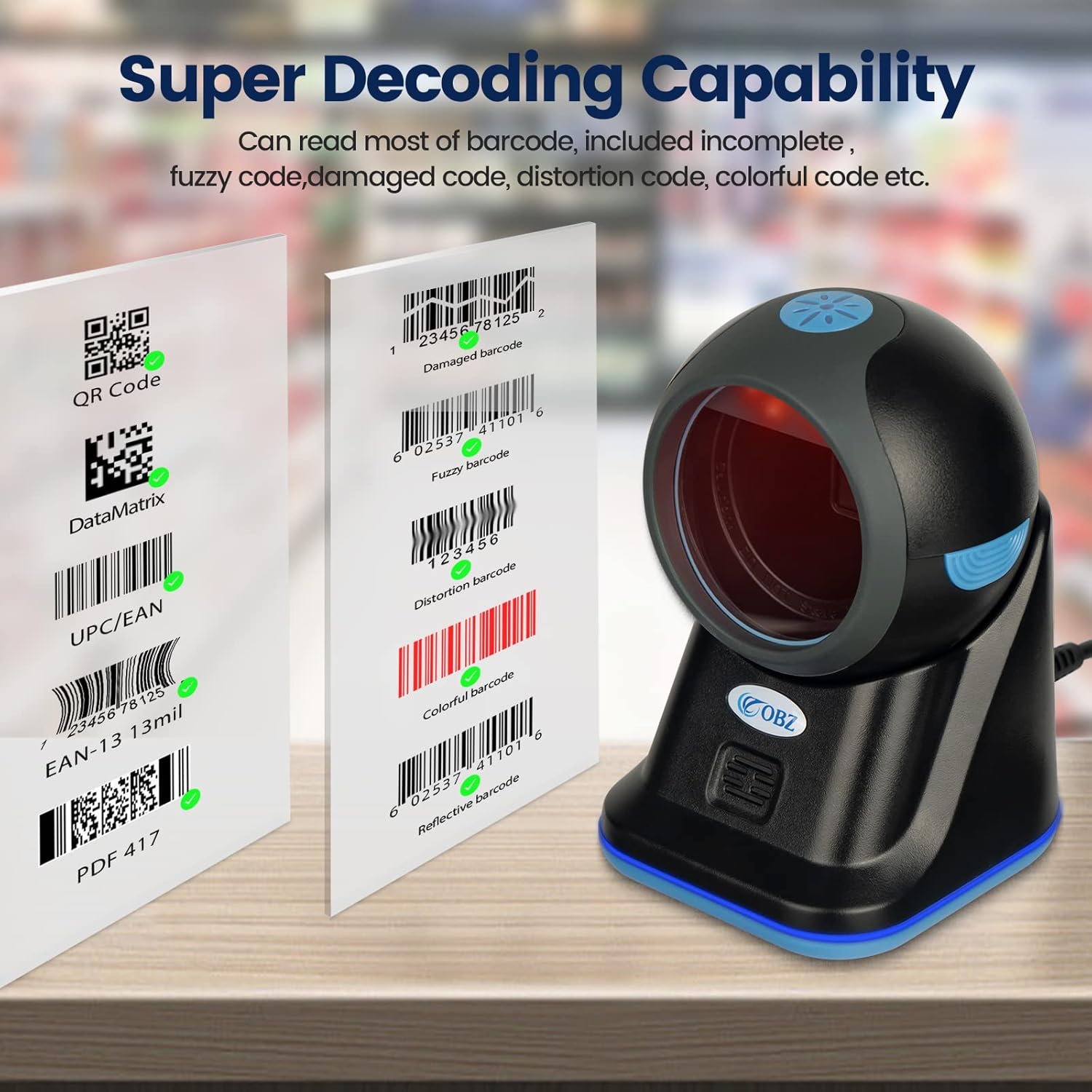 OBZ Escáner de código de barras manos libres 1D 2D QR, escaneo automático omnidireccional de detección lector de código de barras con cable USB