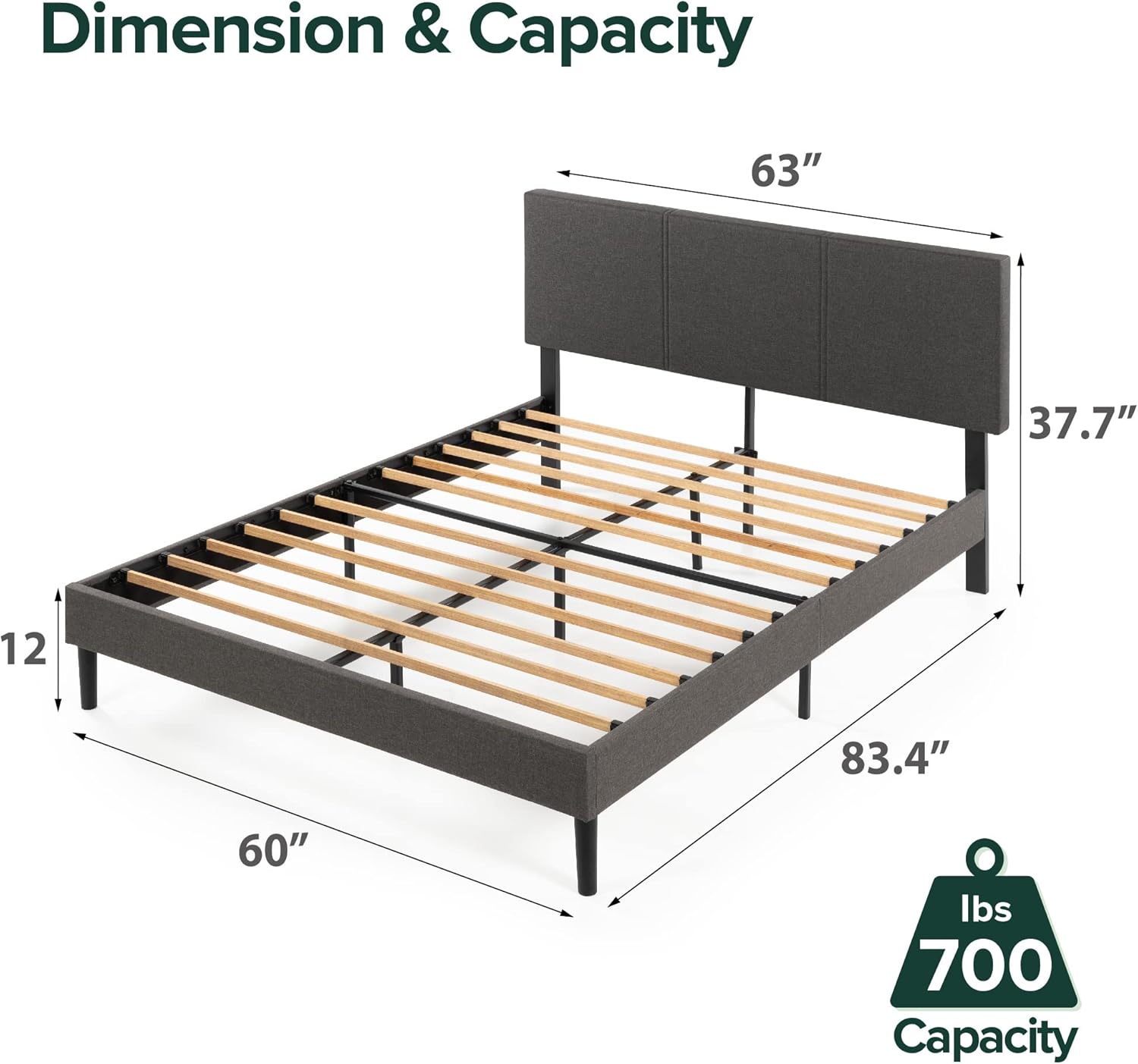 ZINUS Cambril – Base de cama tapizada con listones de bambú sostenibles, no necesita somier, base de colchón, fácil montaje, tamaño Queen