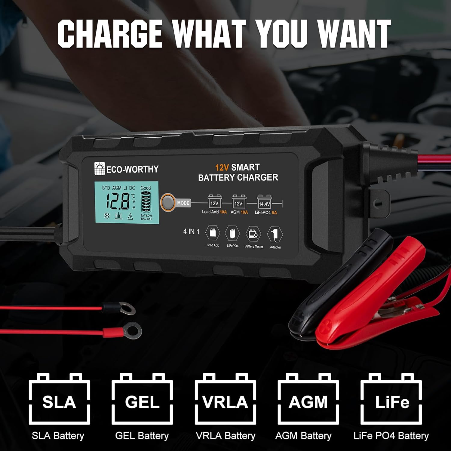 ECO-WORTHY 10-Amp 12V Smart Fully Automatic Battery Charger Maintainer Trickle Charger for Lead Acid LiFePO4 Battery Car Motorcycle Marine