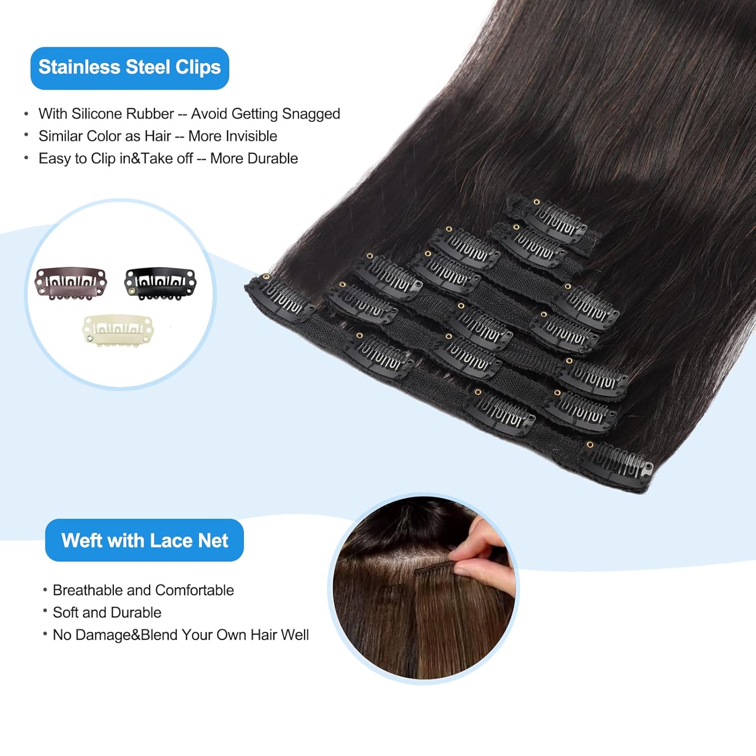 Dalise Extensiones de cabello humano con clip, color negro natural, doble trama, extensiones de cabello suave liso con clip (#1B, 16 pulgadas)
