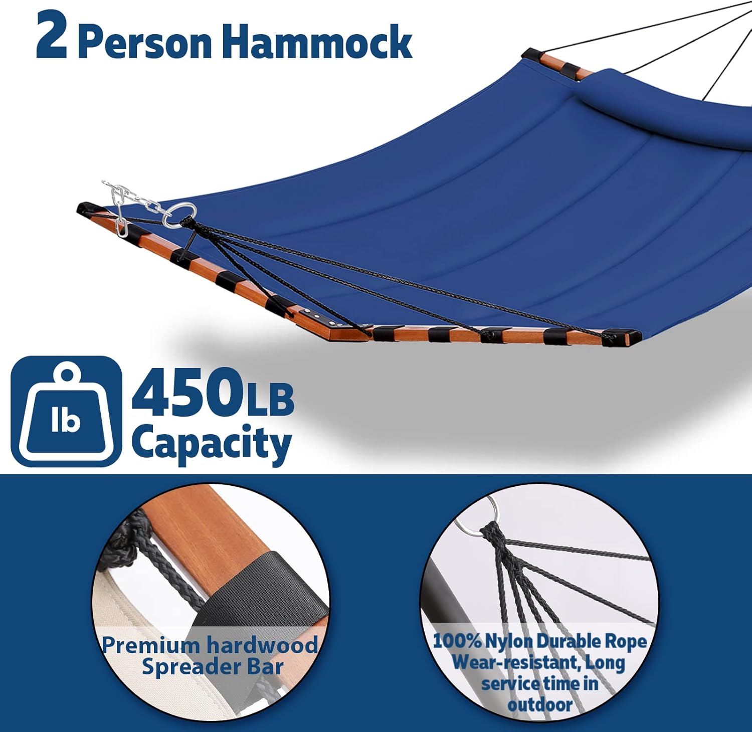 TegerDeger Hamaca grande de 12 pies para 2 personas, capacidad de 450 libras, con barra separadora de madera dura en forma de V y cuerda de nailon