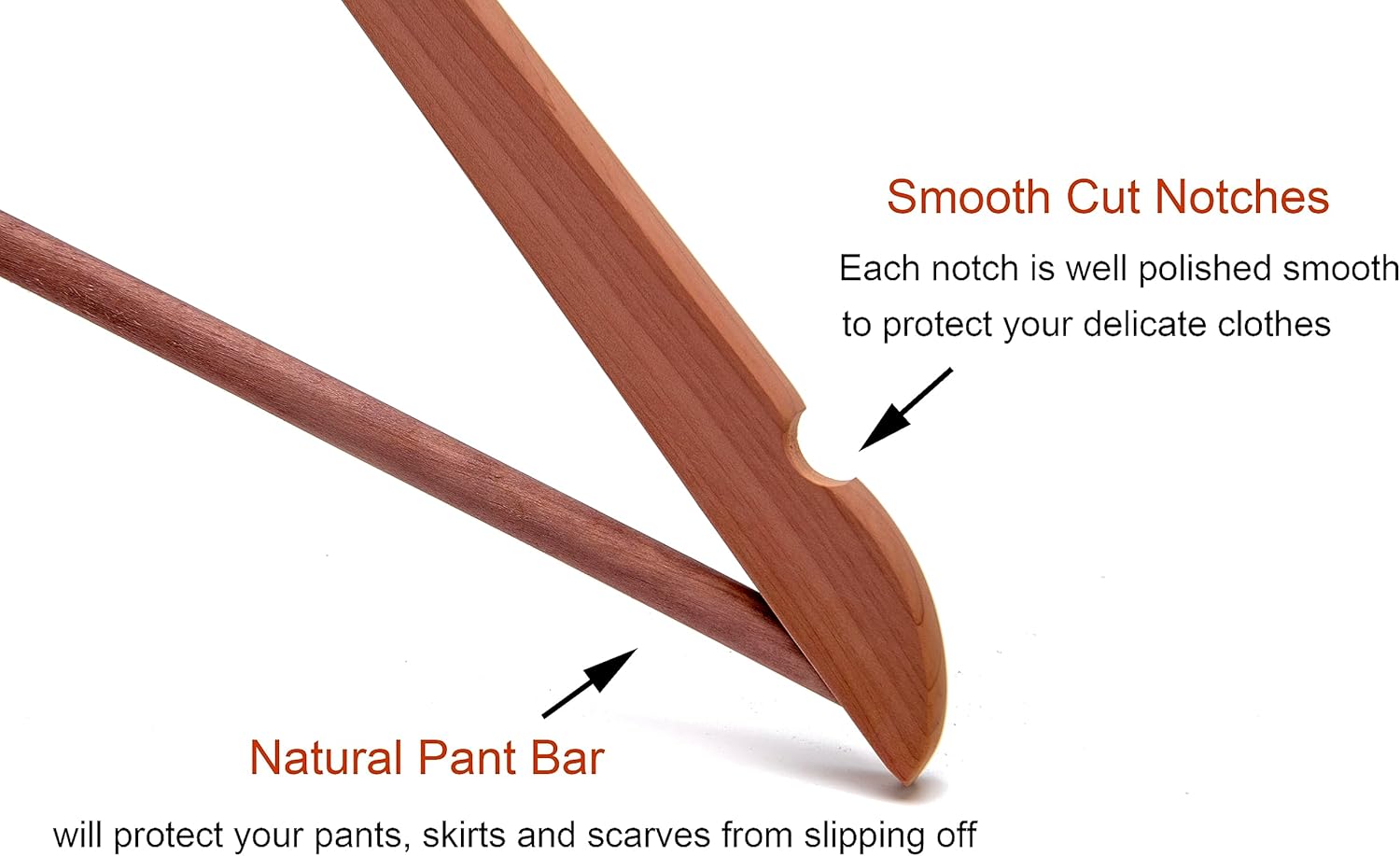 Perchas de madera de cedro rojo americano, perchas de madera para vestidos, muescas de corte suave, gancho flexible de 360, barra antideslizante
