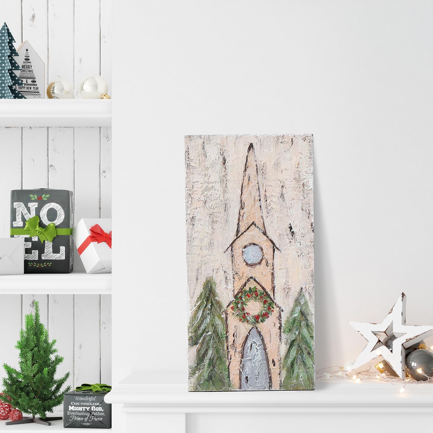 XIAOAIKA Pinturas hechas a mano de belenes, iglesias, cruces y la Virgen María en madera de madera natural. Navidad rústica, decoración navideña
