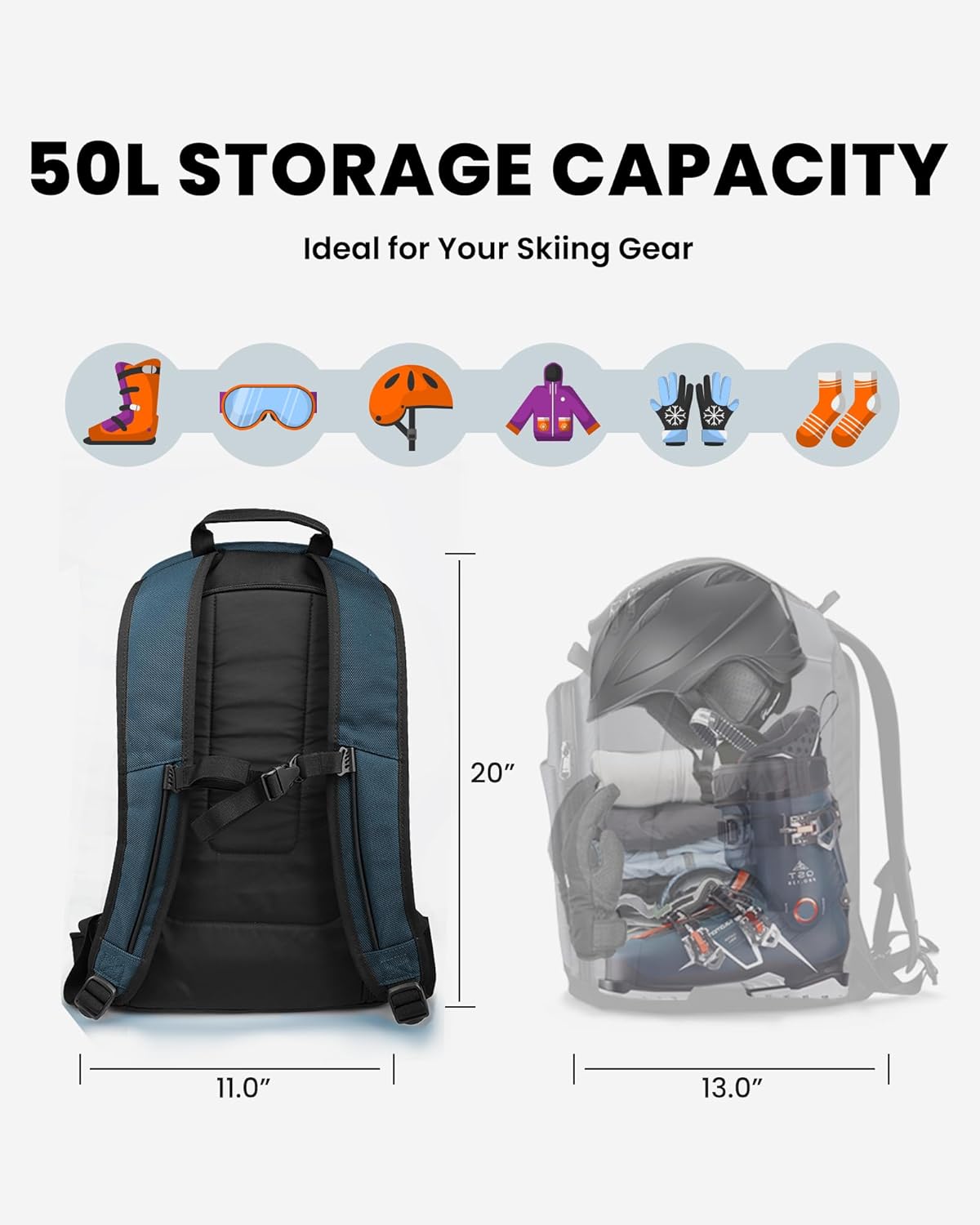 OutdoorMaster Lynx – Bolsa para botas de esquí de 50 litros, mochila de viaje con compartimento para casco, exterior e inferior impermeable, para