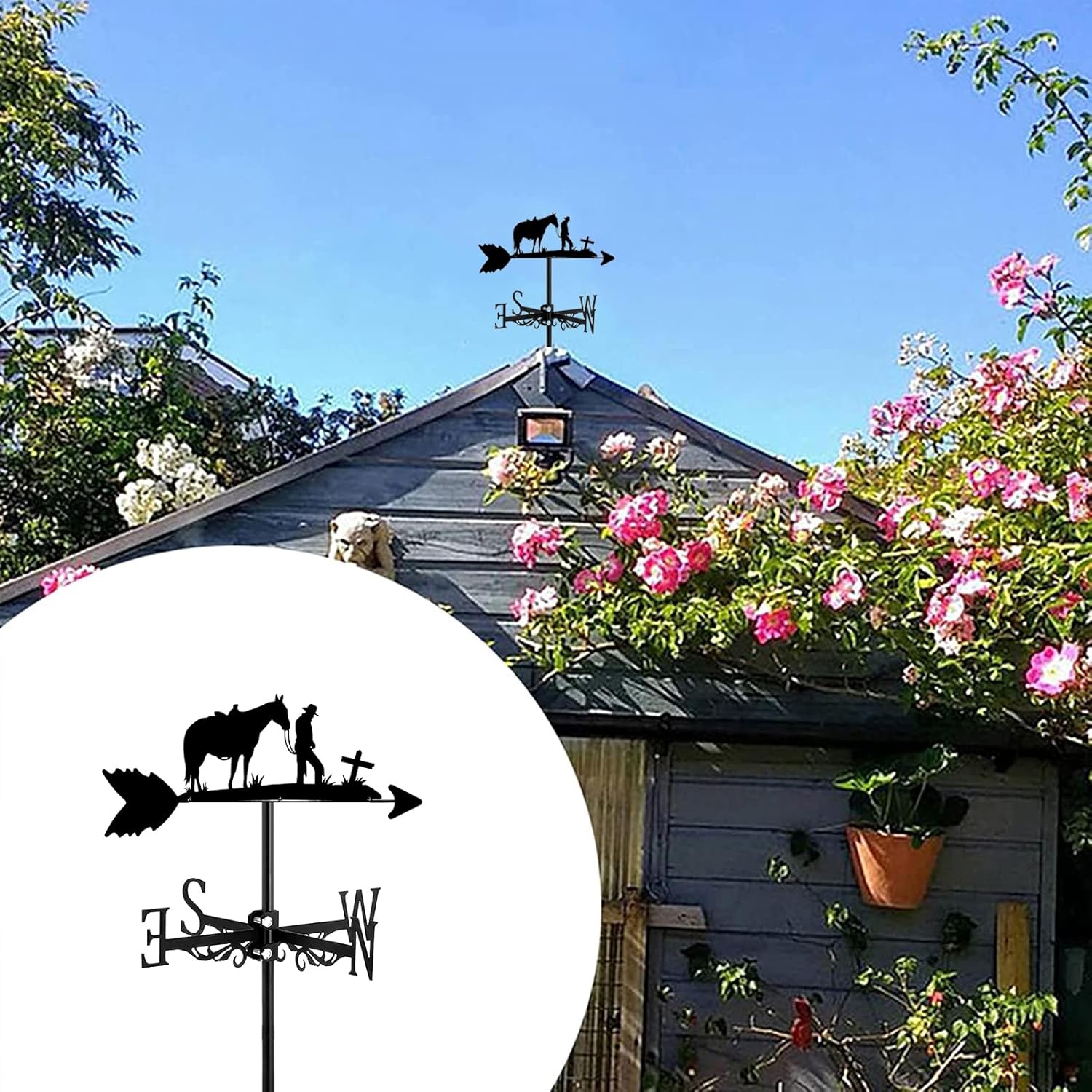 Weathervane – Adorno negro con Racer Rider Horse Western Cowboy y techo cruzado, indicador de dirección del viento para patio al aire libre, estilo 4