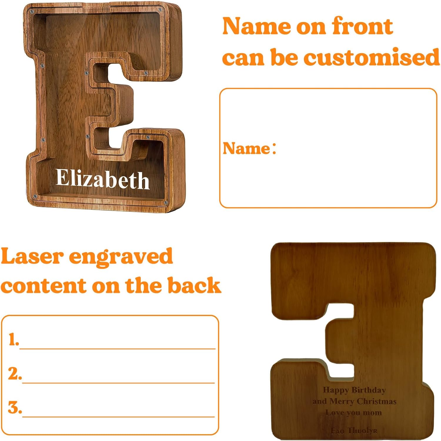 Alcancía grande de madera con nombre personalizado para niños y niñas, alfabetos, letras A-Z, monedas, billetes, cambio de dinero, caja bancaria