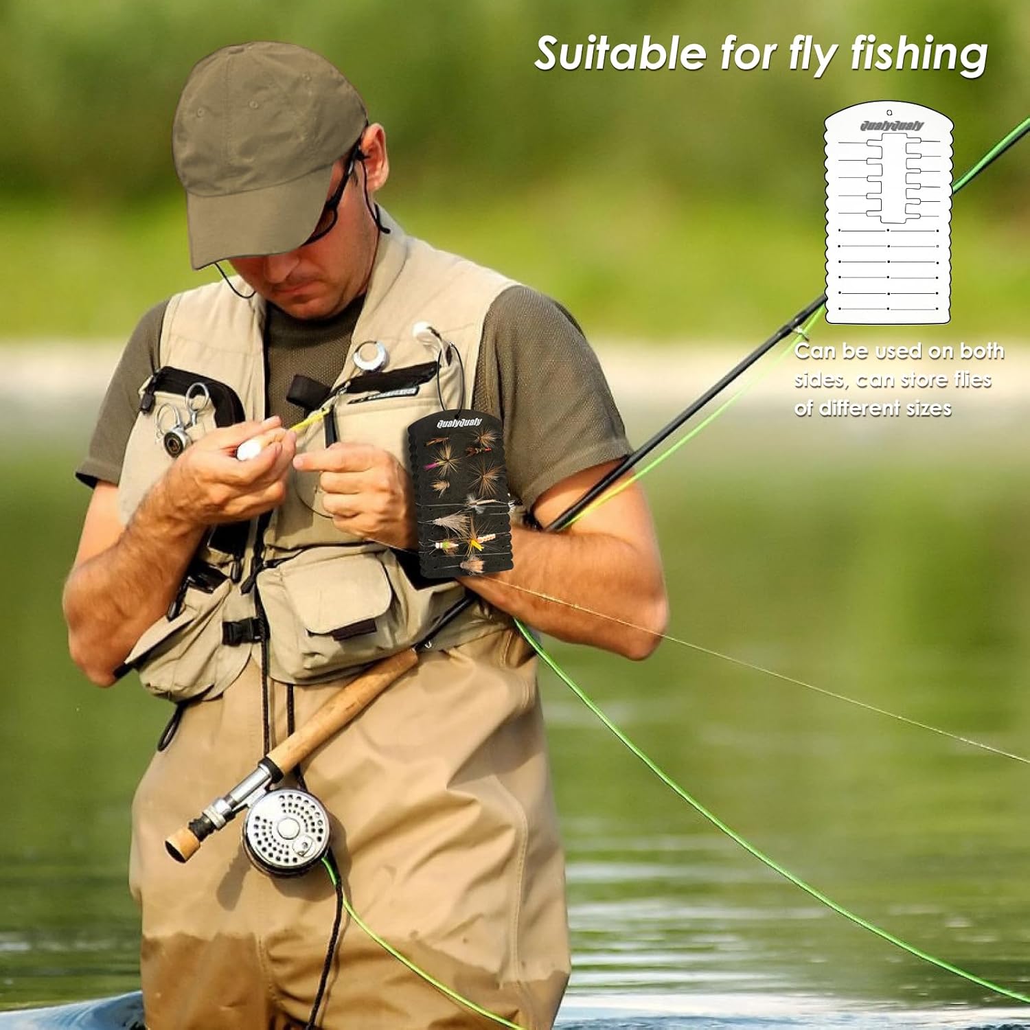 QualyQualy Parche para moscas, paquete de 2 goteros, tarjeta de espuma ligera, accesorios de pesca con mosca para moscas y serpentinas