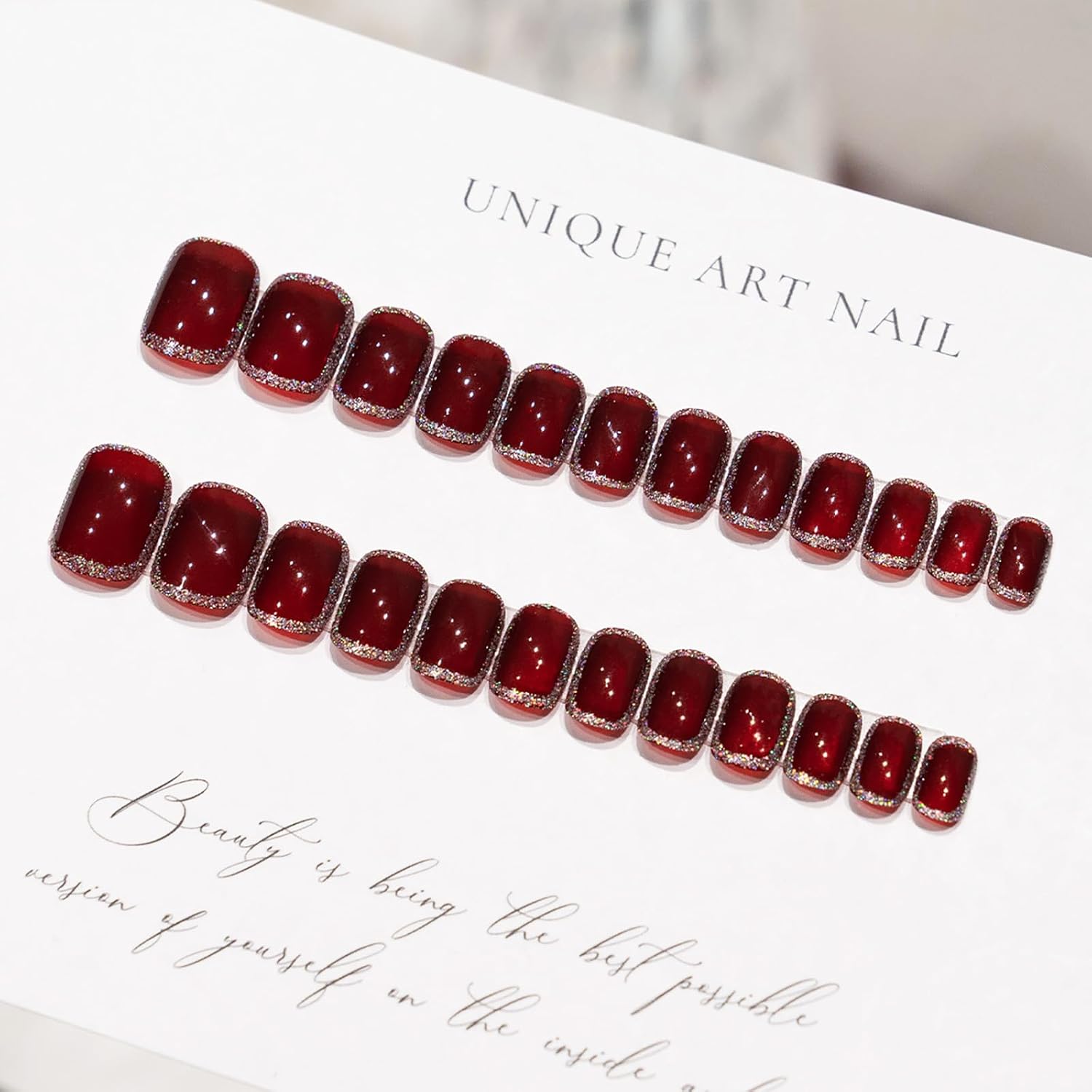 Uñas postizas cortas a presión, uñas postizas cuadradas color rojo vino con purpurina, uñas postizas de otoño e invierno, uñas acrílicas brillantes,