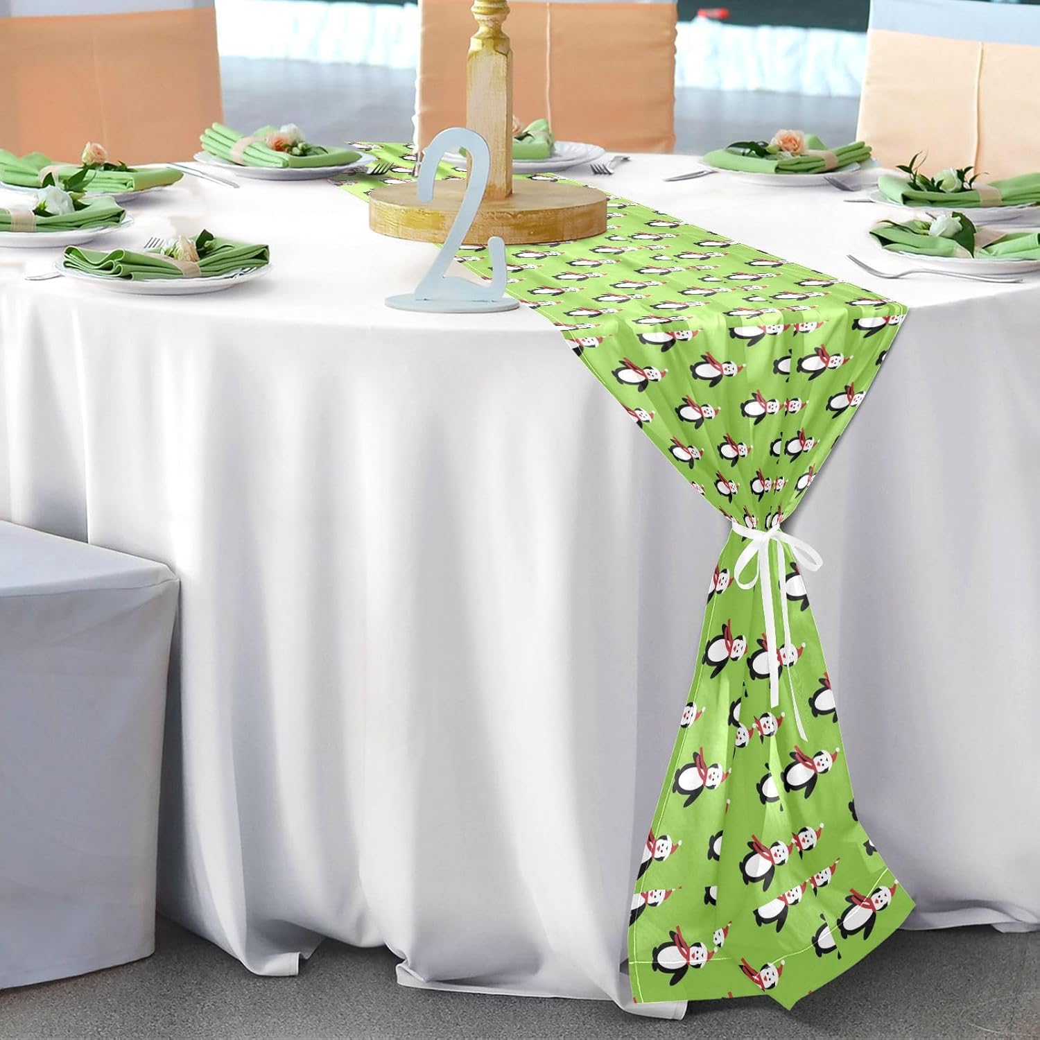 Camino de mesa de otoño verde de pingüino navideño para decoración de mesa de comedor, camino de mesa de Navidad, 108 pulgadas de largo