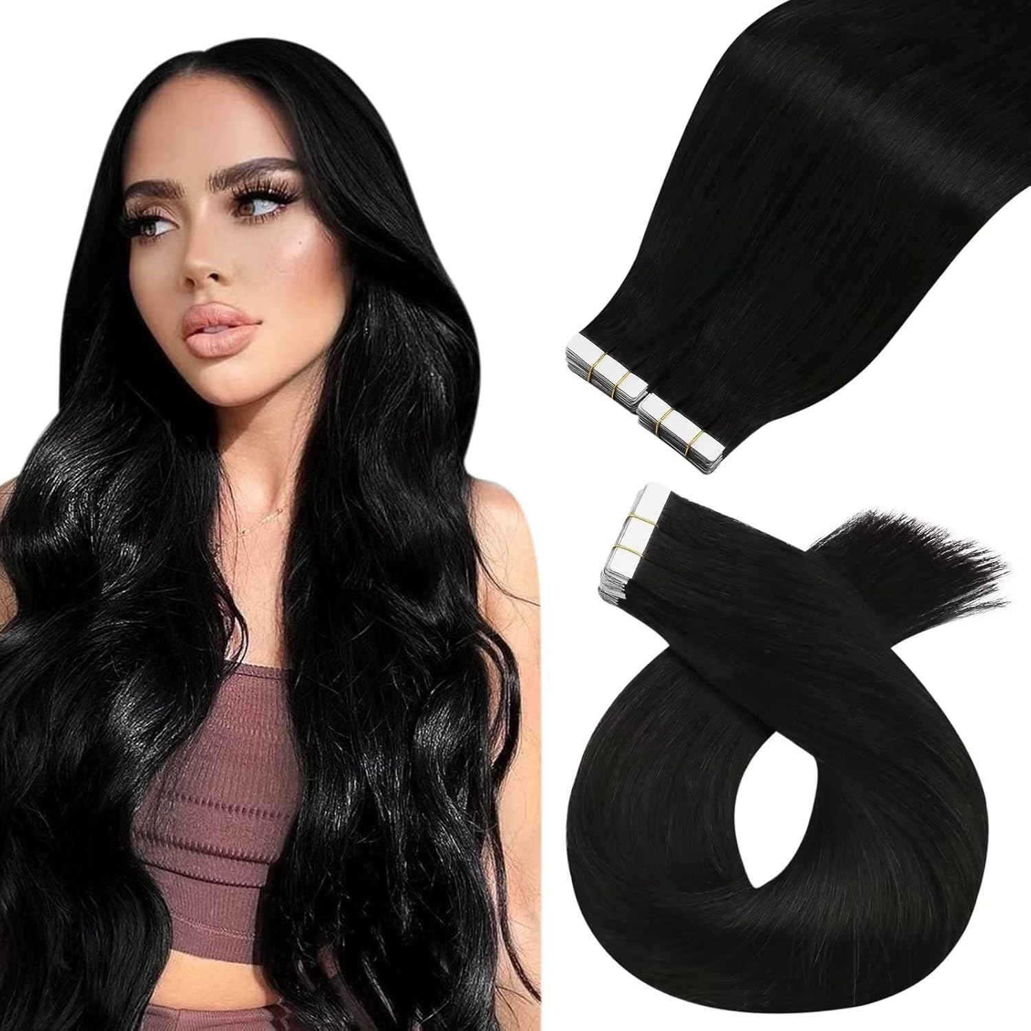 Moresoo – Extensiones de cabello humano con cinta adhesiva de 100 g 40pcs. Remy, recto, color puro, sin costuras, extensiones de pelo., 20 pulgadas,