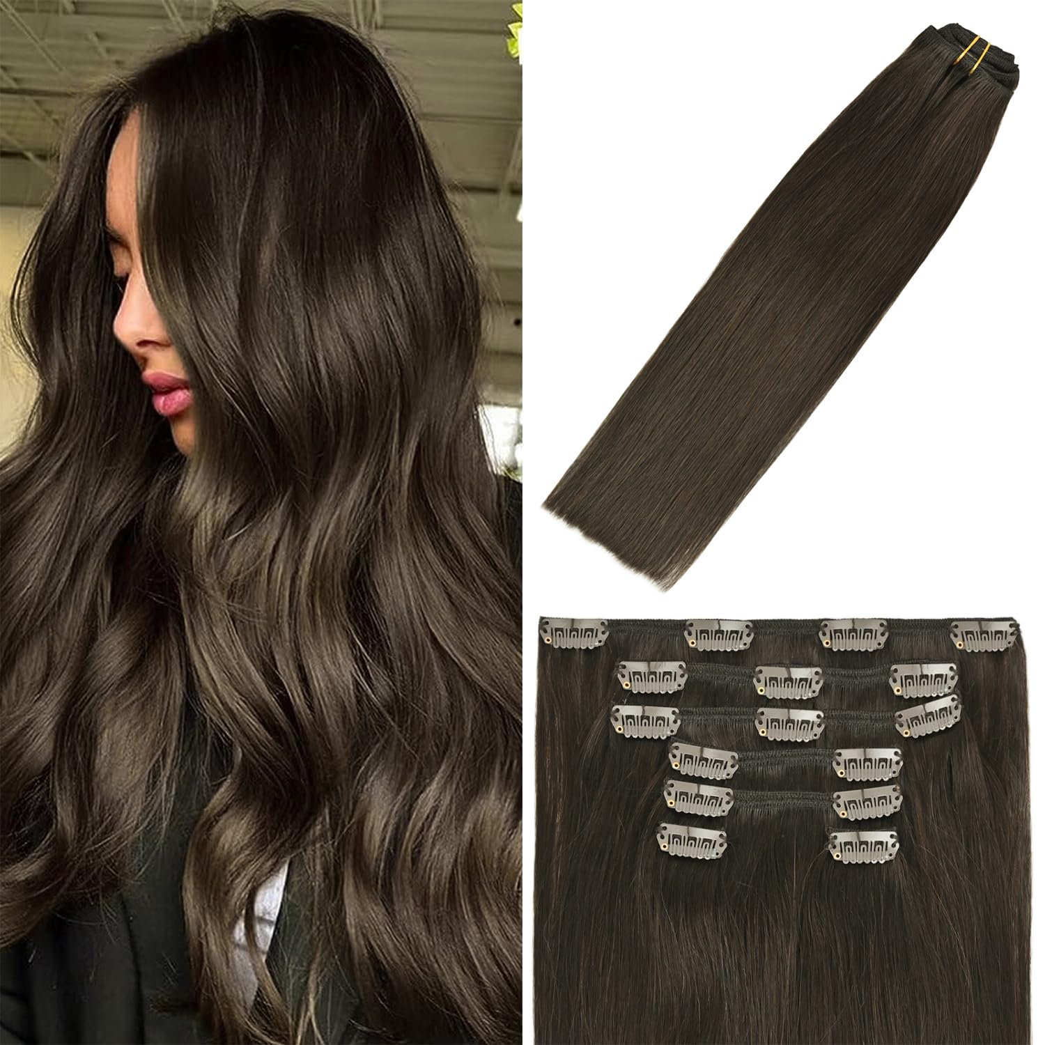 Extensiones de cabello humano Remy suave con pinzas, color castaño oscuro, 2.47onzas, N. 2, 20pulgadas, 7 unidades, para mujer y Día del Amor y la