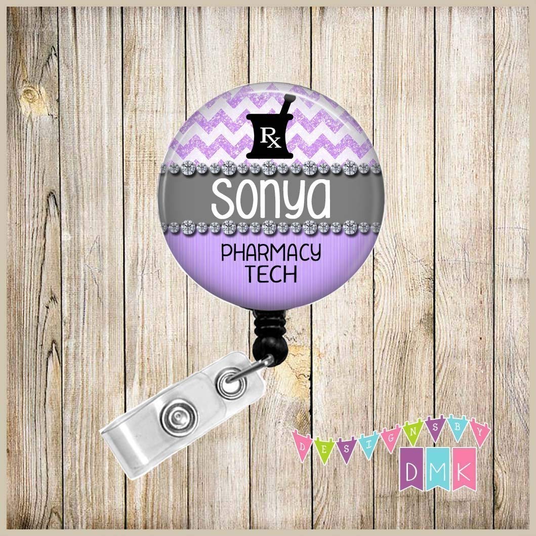 Pharmacy Tech – Rx – Personalized – Bling – Purple – Glitter Chevron – Button Badge Reel – BR0279