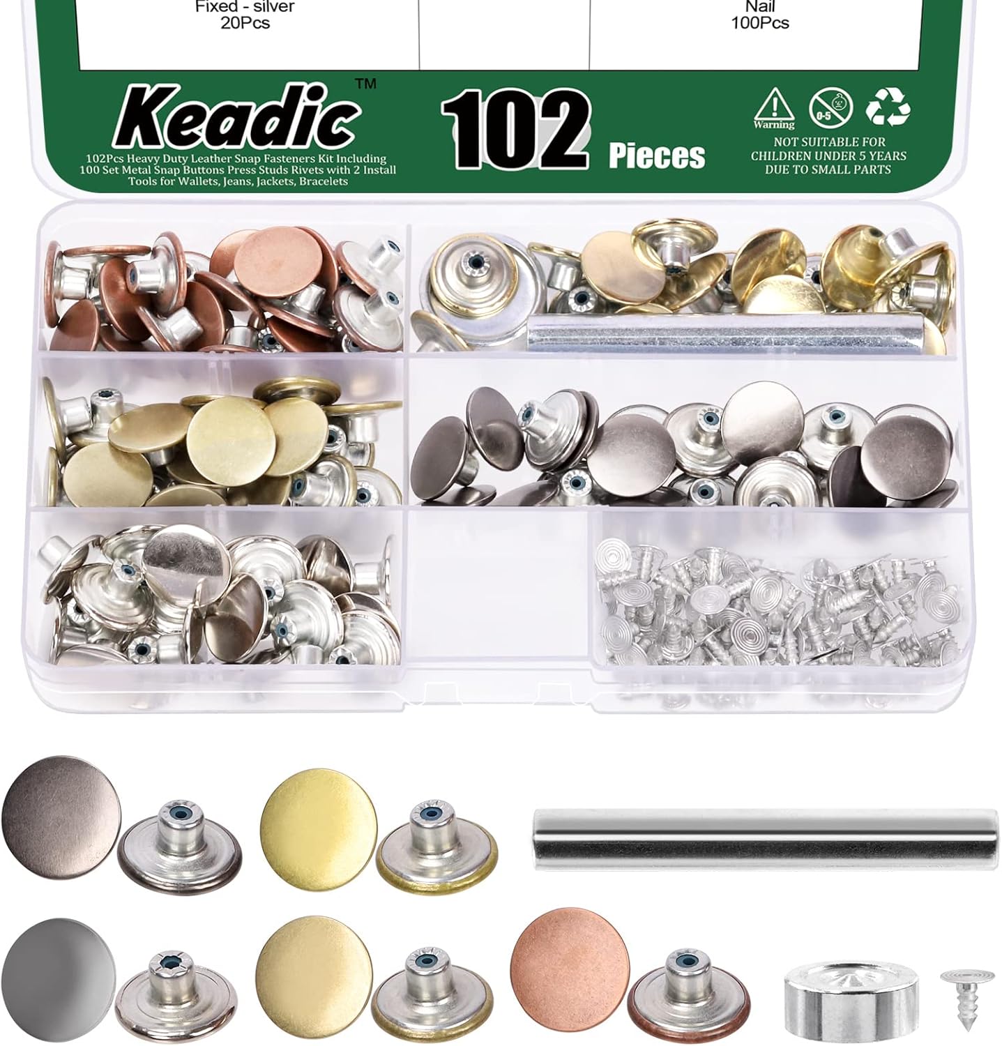 Keadic 202 piezas de 5 colores sin costura botones de jeans kit de repuesto con base de metal, botones de metal de 0.67 pulgadas de repuesto combo