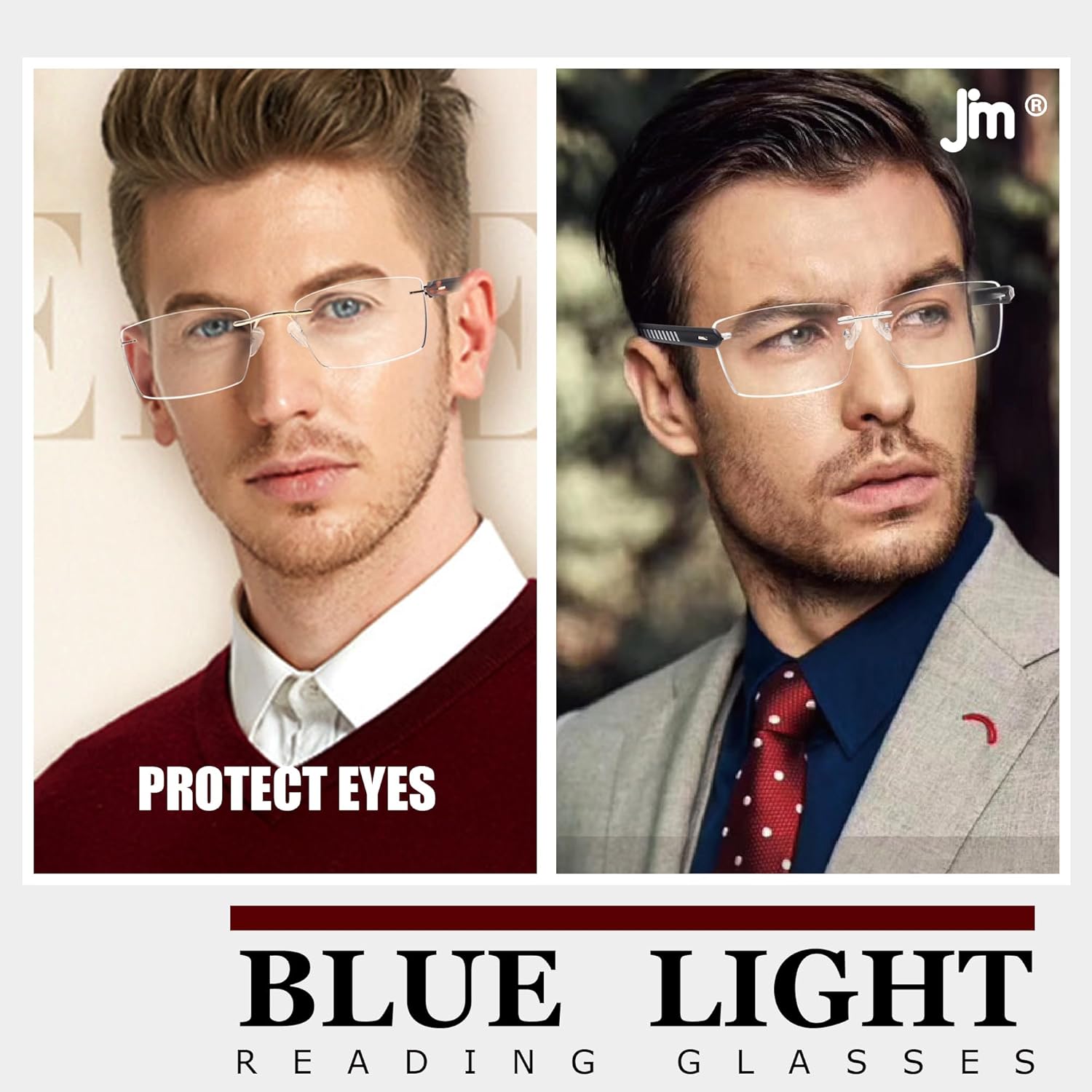 JM Paquete de 3 lentes de lectura sin montura para hombres, bloqueo de luz azul, rectángulos, ligeros, sin marco, para lectura de computadora