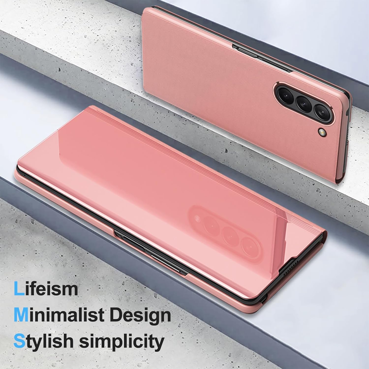 Funda compatible con Samsung Galaxy Z Fold 5 5G, con espejo, de piel, delgada, transparente, S-View, a prueba de golpes, con función atril,