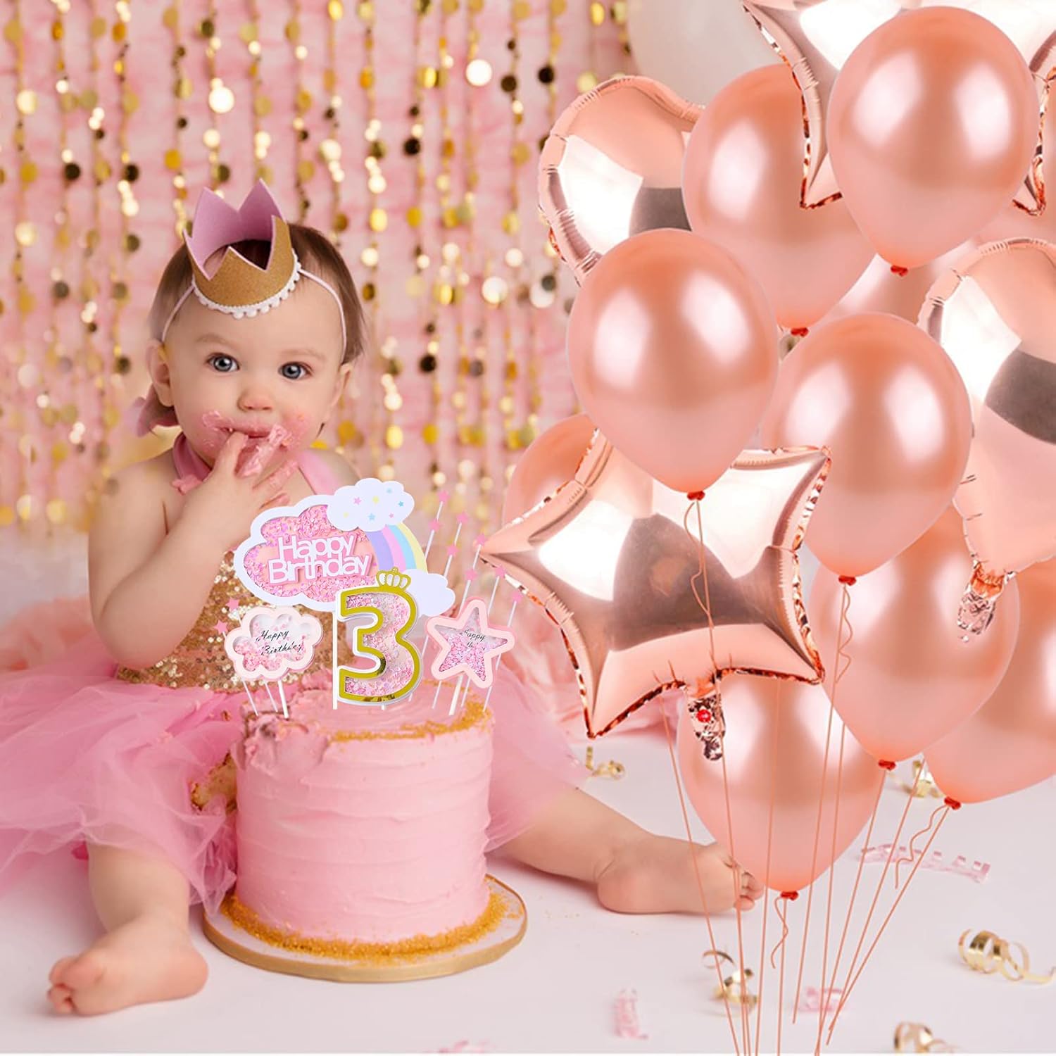Juego de decoración de pastel de tercer cumpleaños para bebé niño con nubes de arco iris, estrellas, palillos para tartas de tres años, suministros