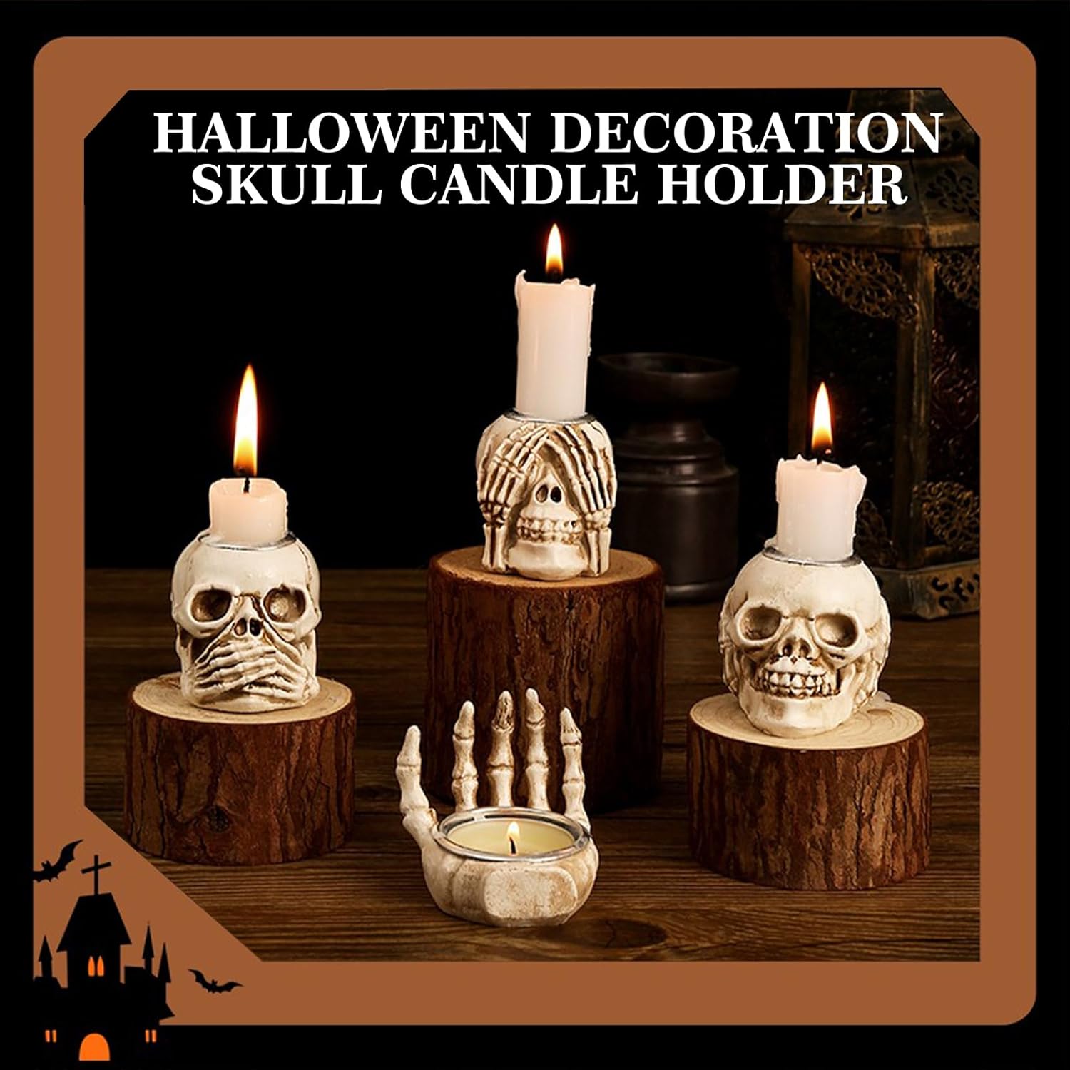 Whaline 4 portavelas de Halloween, diseño de esqueleto gótico, calavera de palma, candelabro, portavelas de resina para el hogar, mesa, temática