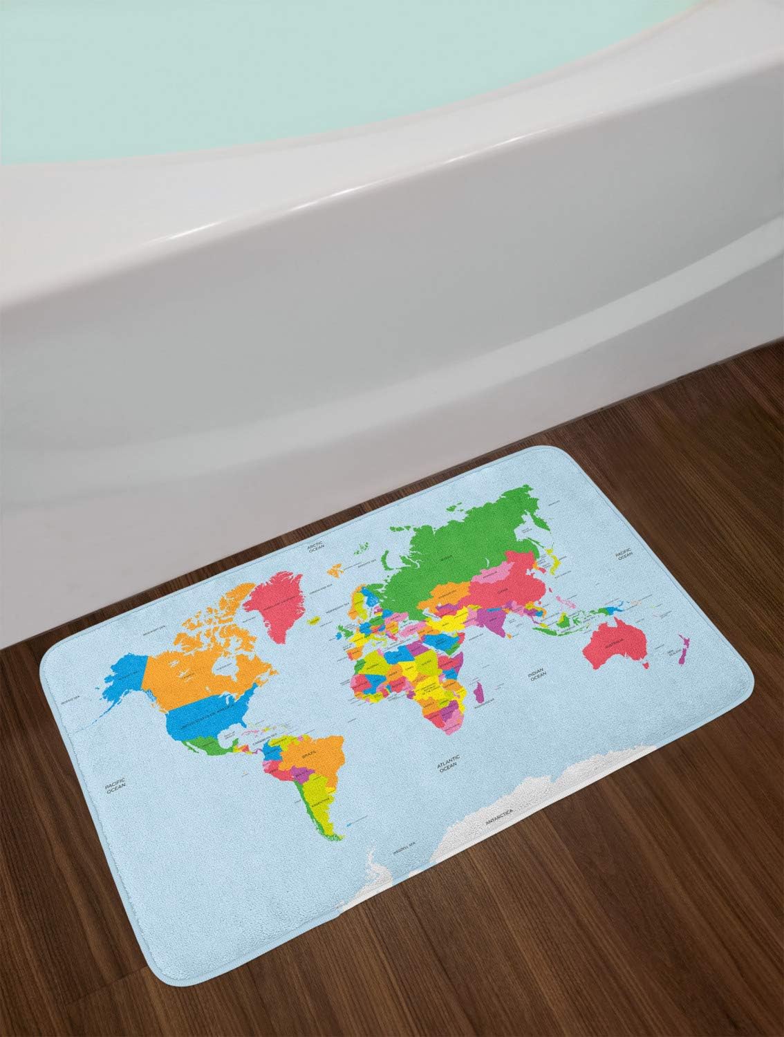 Ambesonne Map – Tapete de baño, clásico mapa colorido del mundo en estilo político, viajes, Europa, América, Asia y África, tapete de felpa para